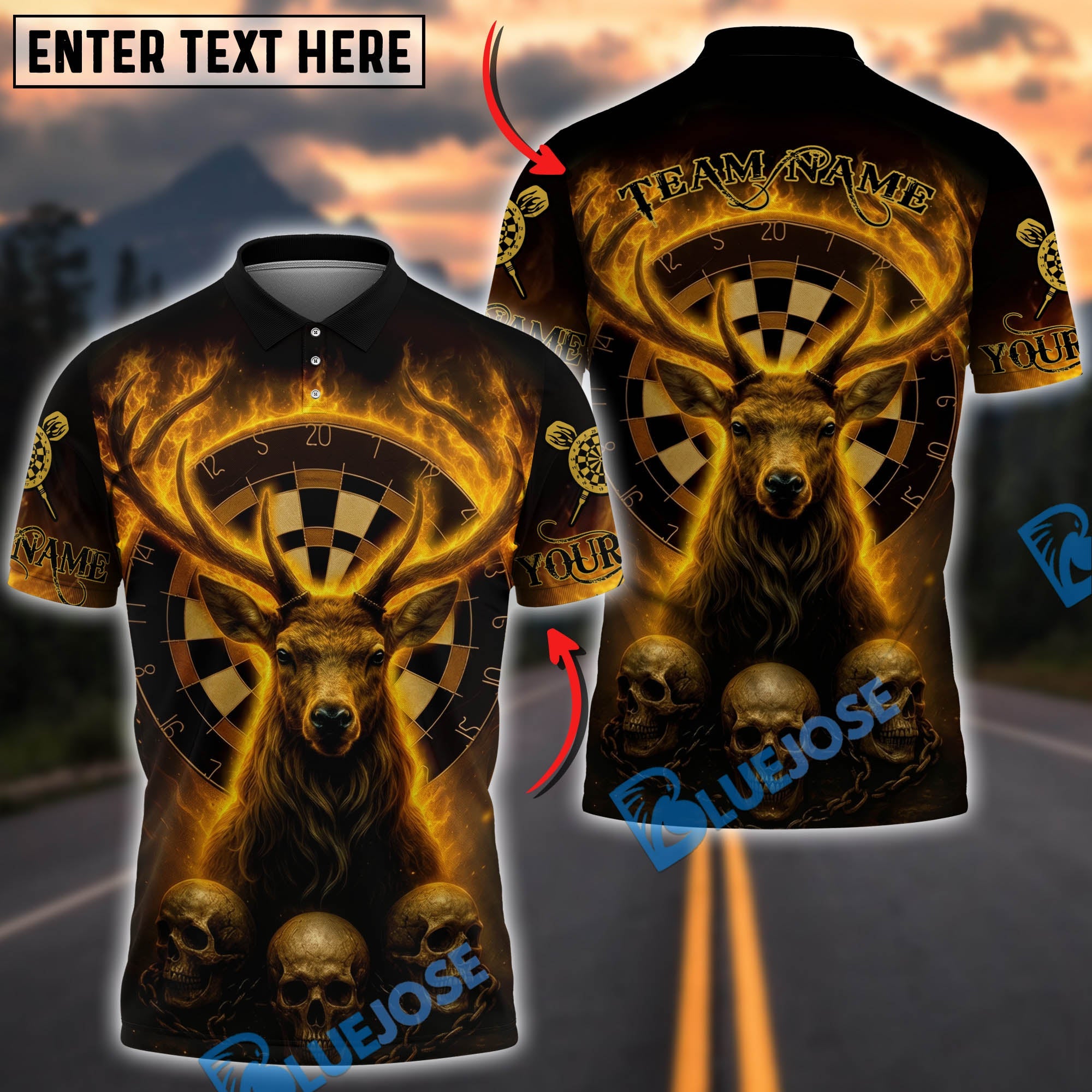 BlueJose Darts Skull Flame Deer Dartboard Personalized Name, Team Name Unisex Shirt (6 Colors)
