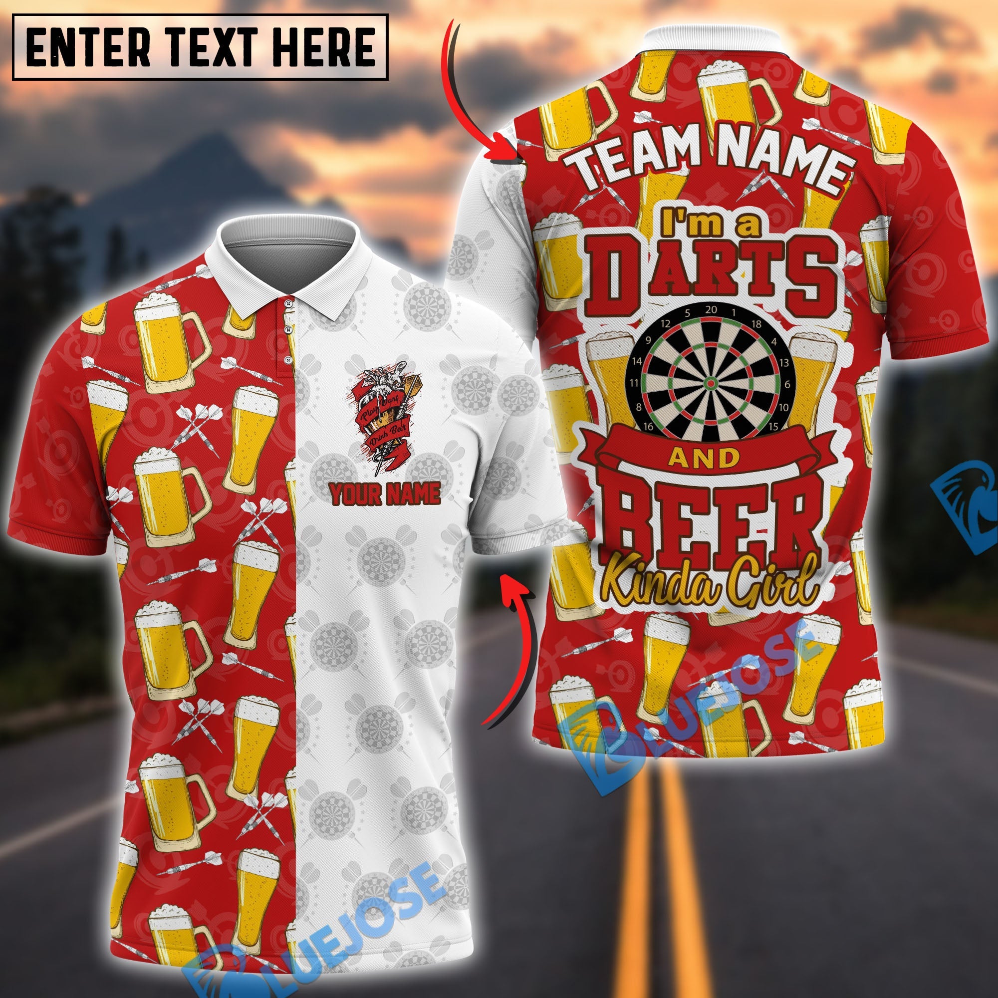 BlueJose Darts I'm A Darts And Beer Kinda Girl Personalized Name, Team Name Unisex Shirt (4 Colors)
