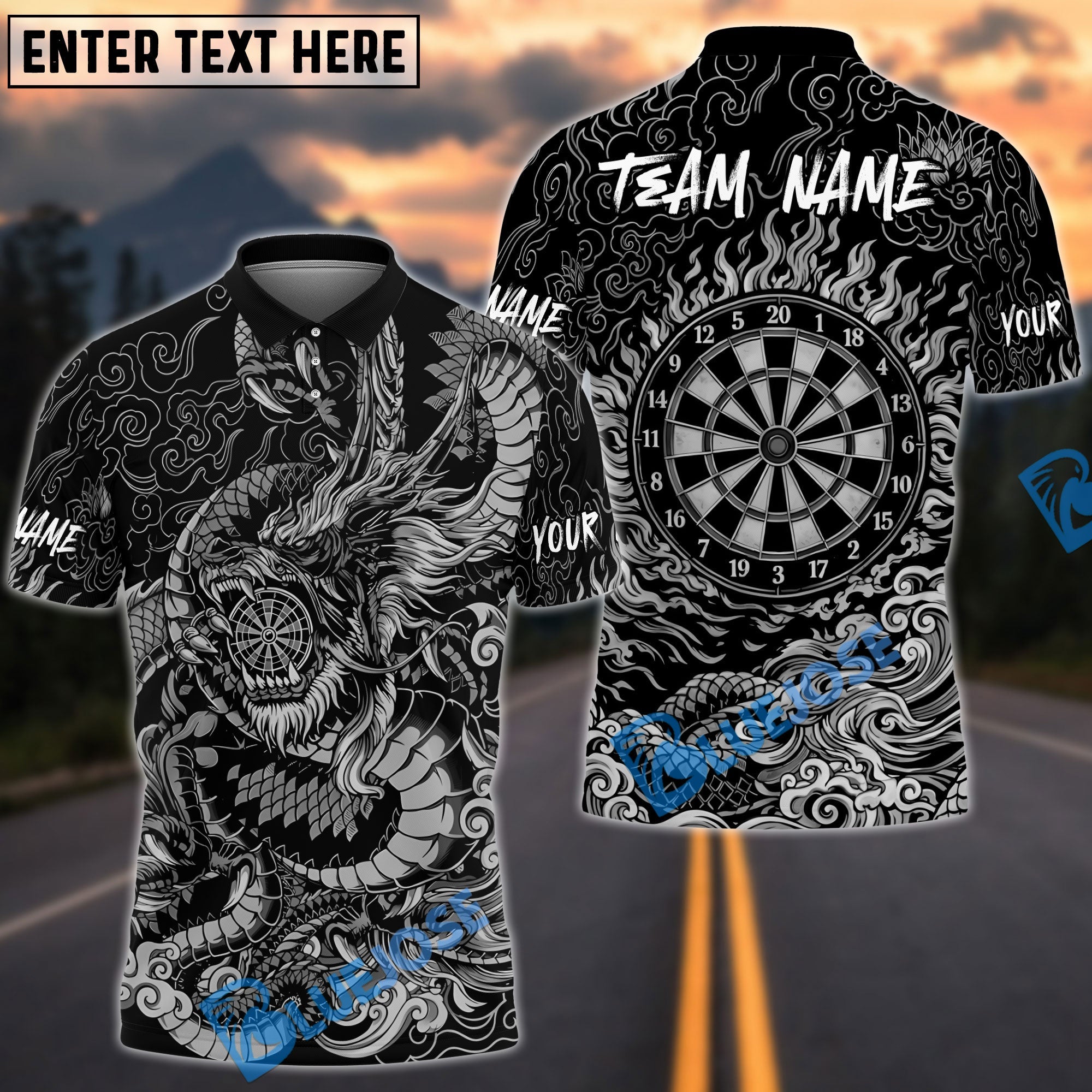 BlueJose Darts Dartboard Eastern Dragon Personalized Name, Team Name Unisex Shirt (6 Colors)