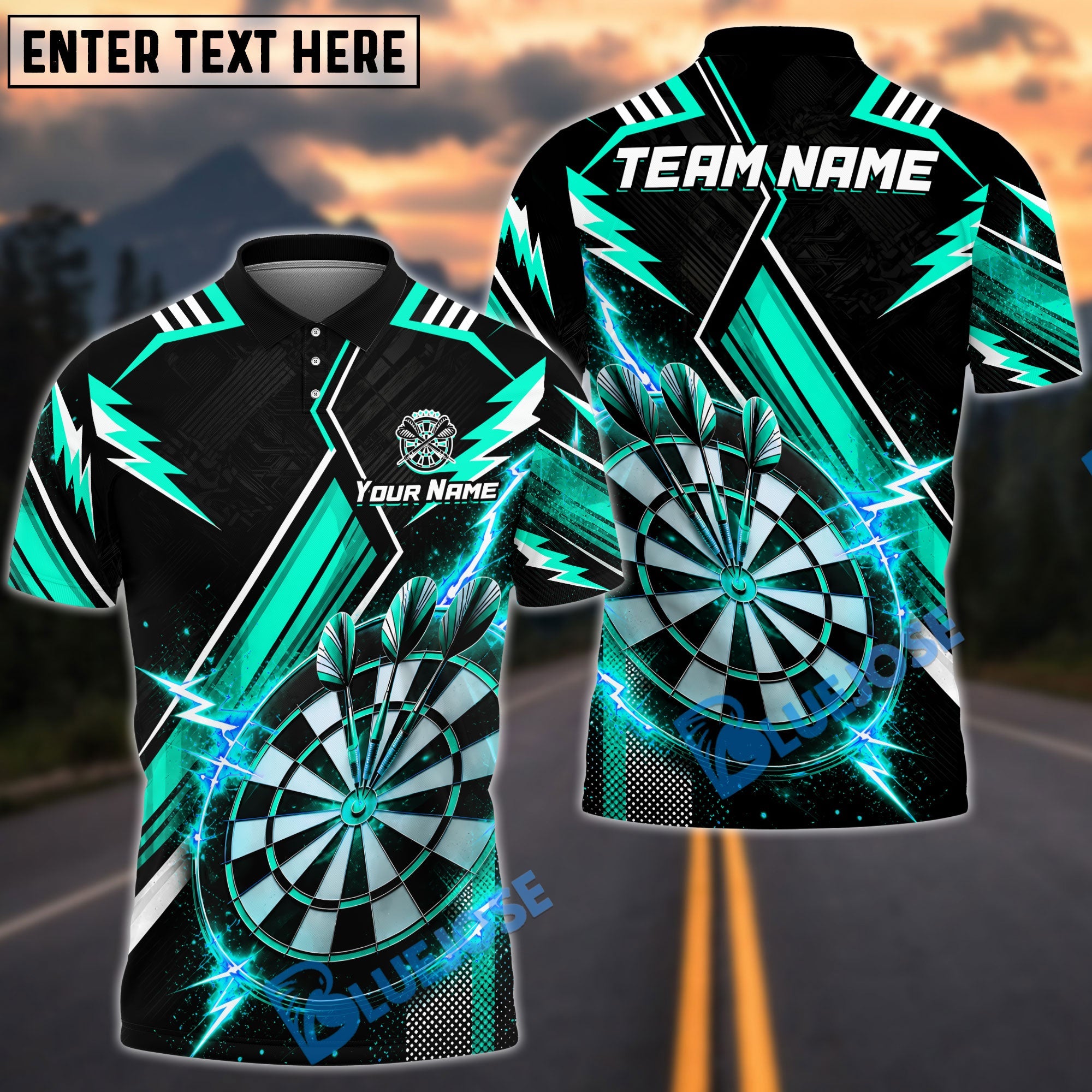 BlueJose Darts Thunder Sport Theme Personalized Name, Team Name Unisex Shirt (4 Colors)