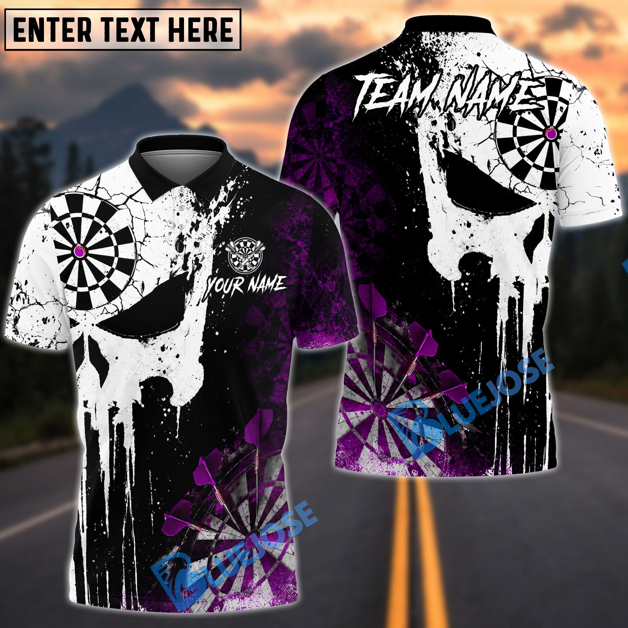 BlueJose Darts Grunge Punisher Skull Personalized Name, Team Name Unisex Shirt (4 Colors)