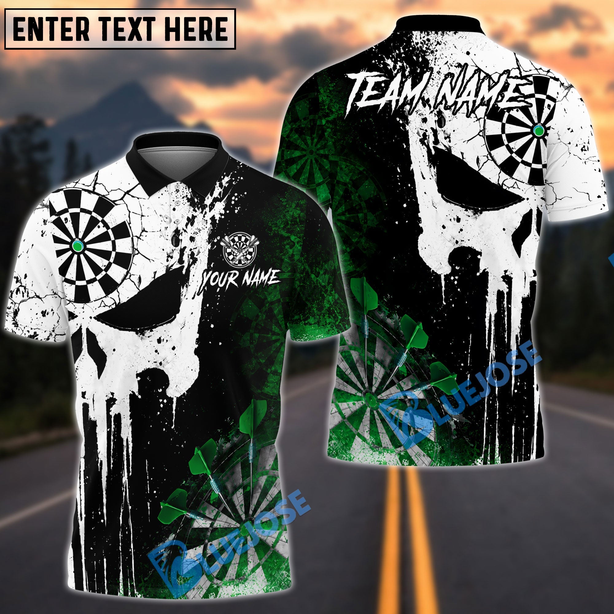 BlueJose Darts Grunge Punisher Skull Personalized Name, Team Name Unisex Shirt (4 Colors)