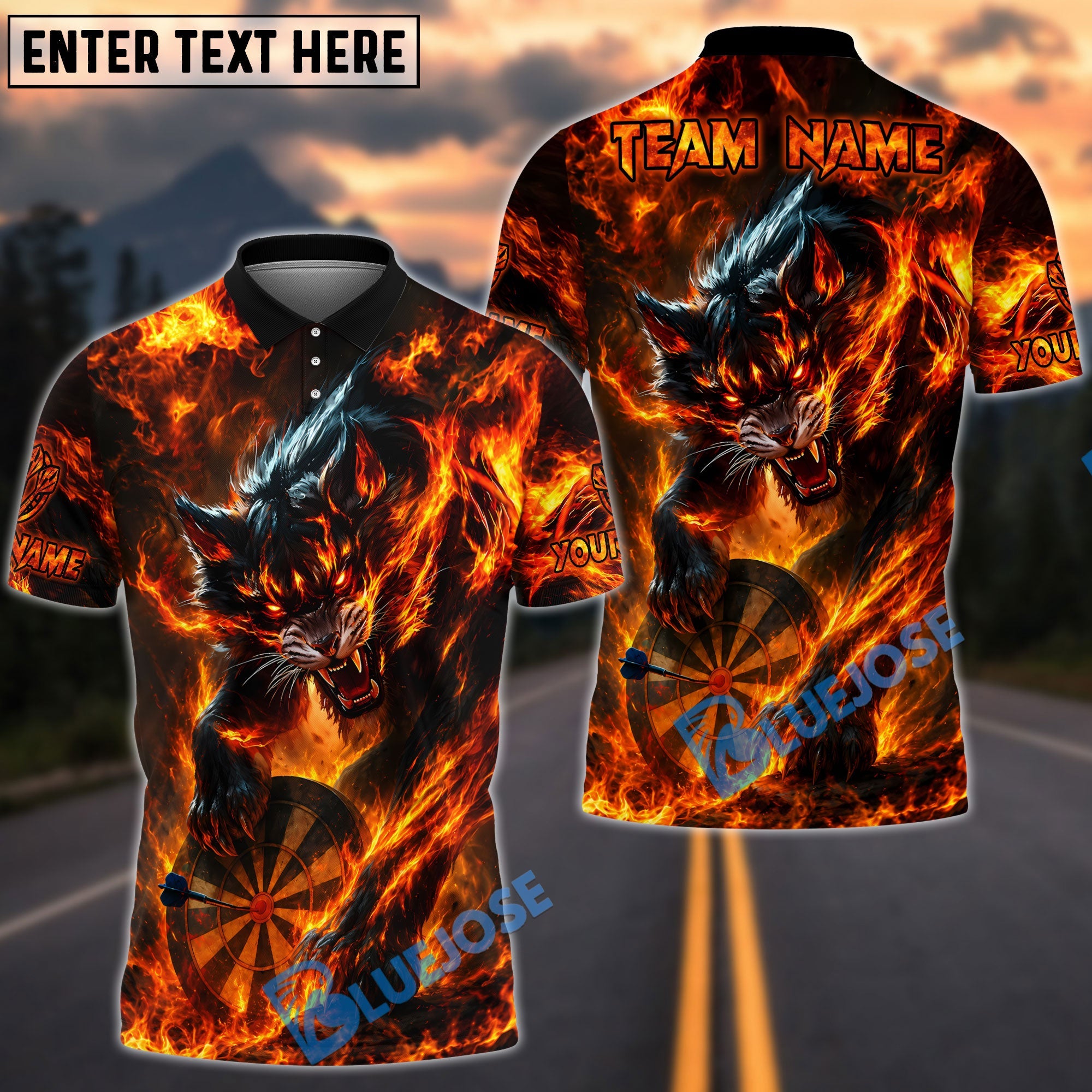 BlueJose Darts Wolf Hellfire Hunter Personalized Name, Team Name Unisex Shirt (4 Colors)