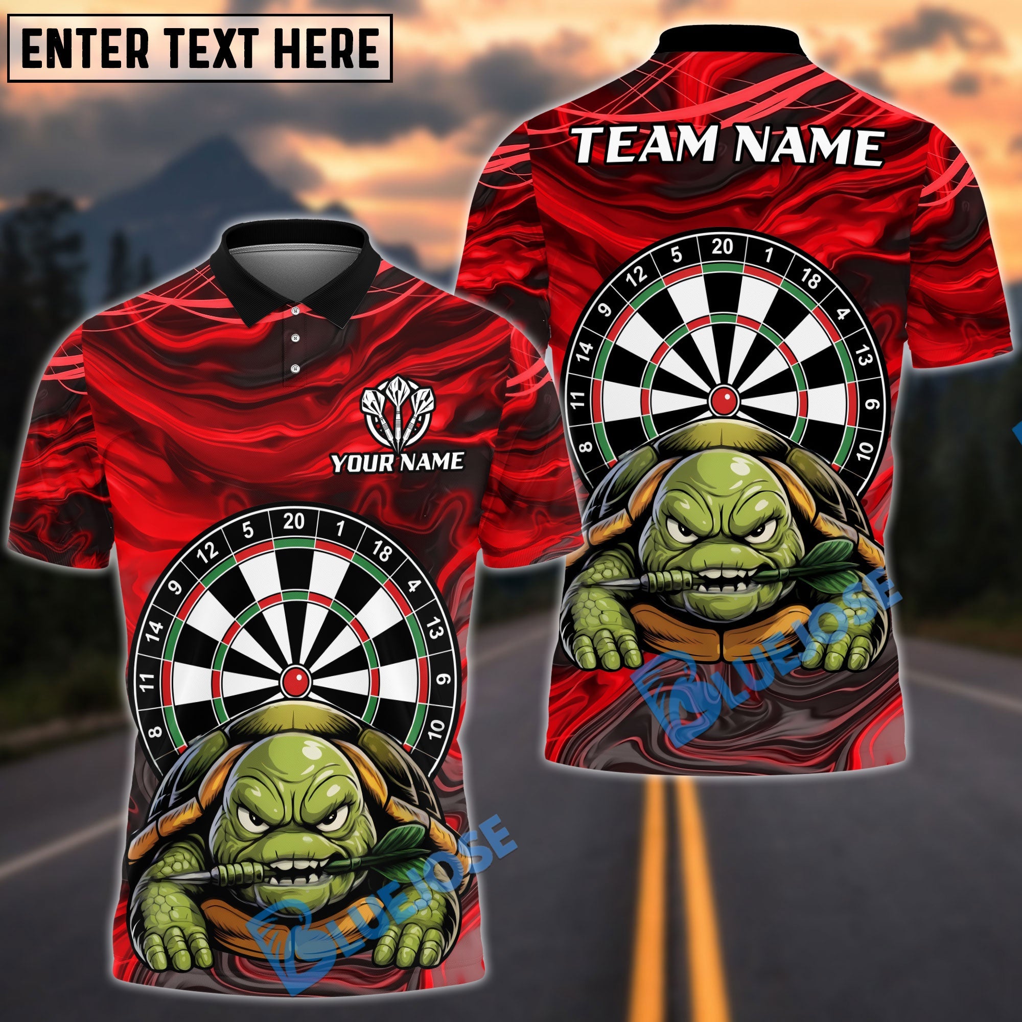 BlueJose Darts Grumpy Turtle Personalized Name, Team Name Unisex Shirt (4 Colors)