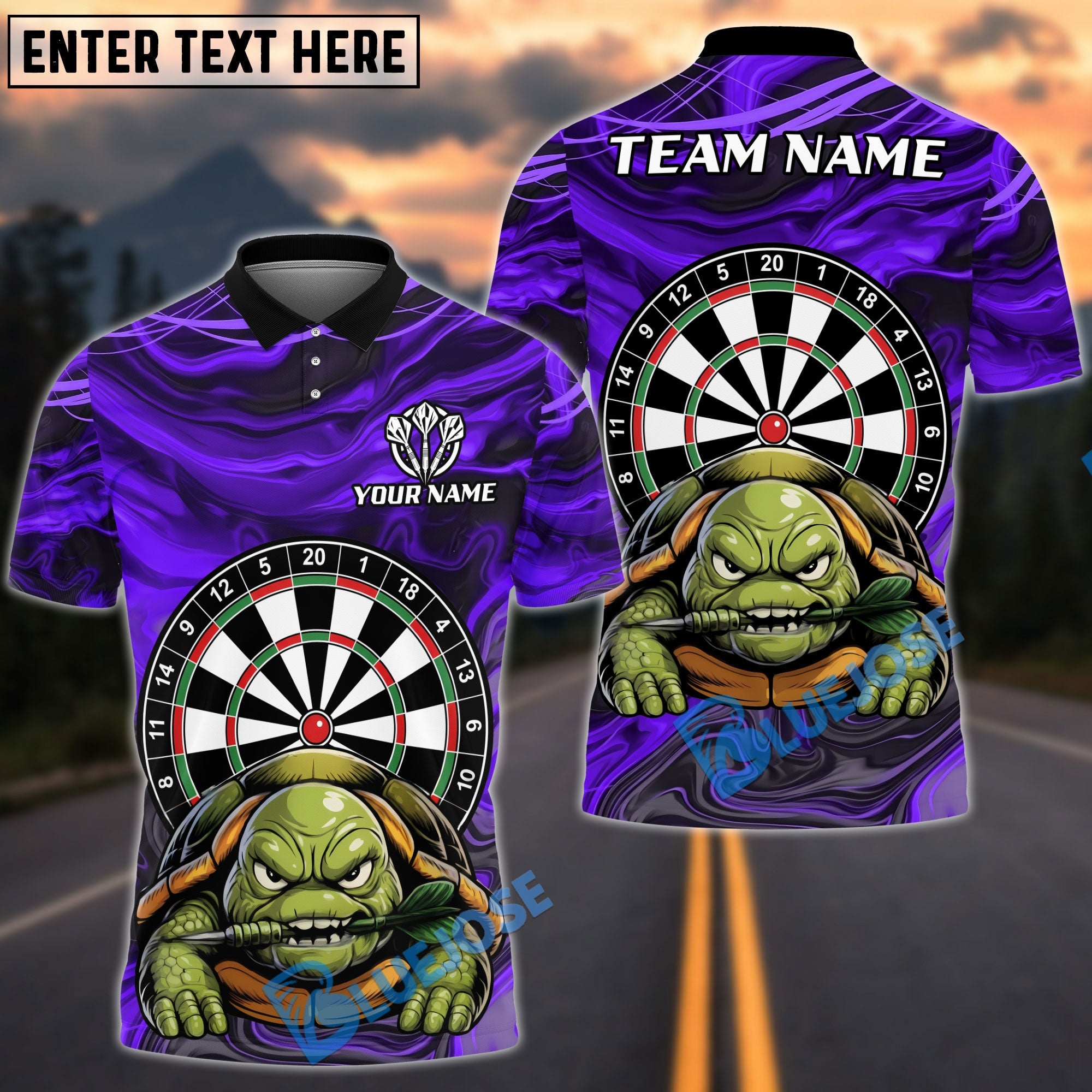 BlueJose Darts Grumpy Turtle Personalized Name, Team Name Unisex Shirt (4 Colors)