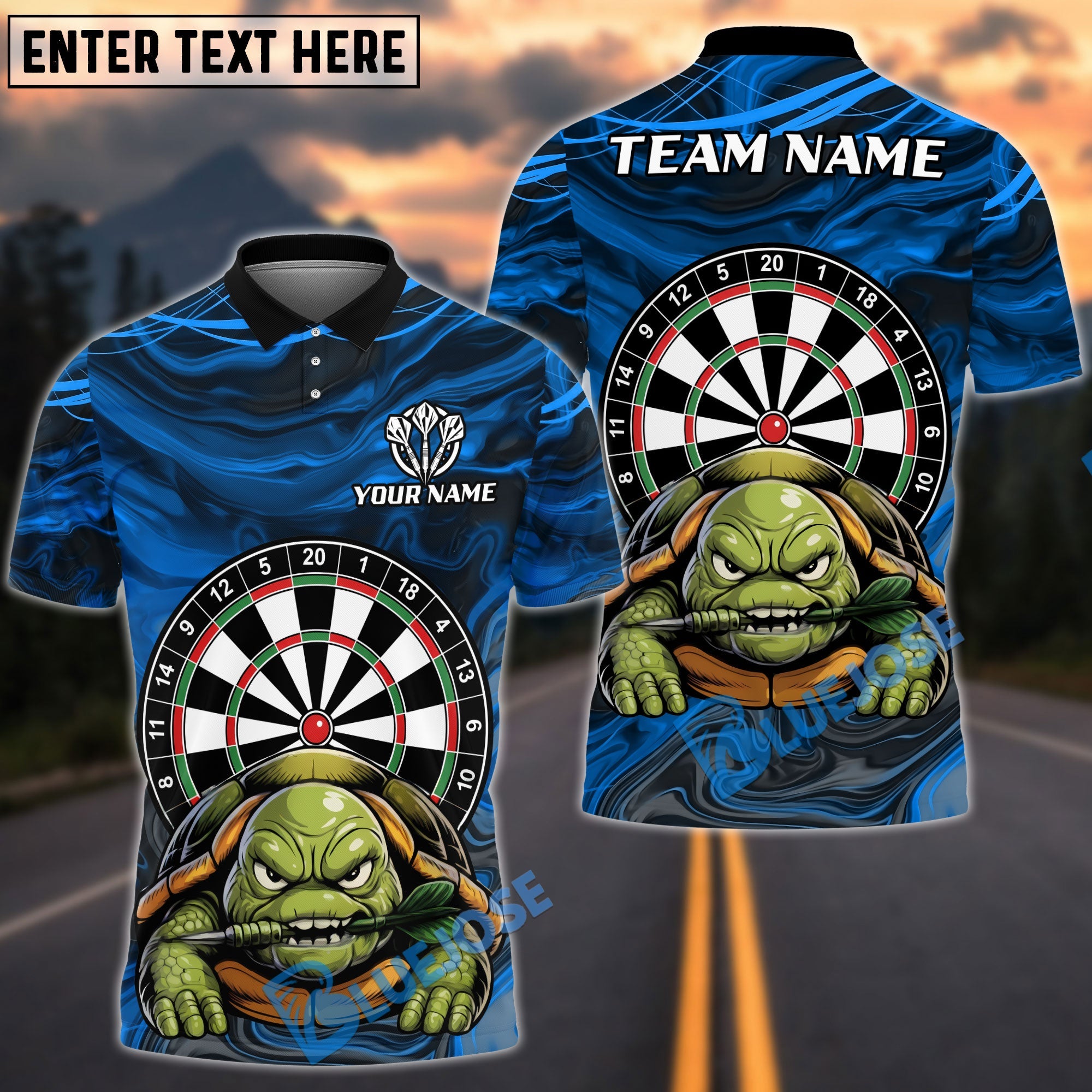 BlueJose Darts Grumpy Turtle Personalized Name, Team Name Unisex Shirt (4 Colors)