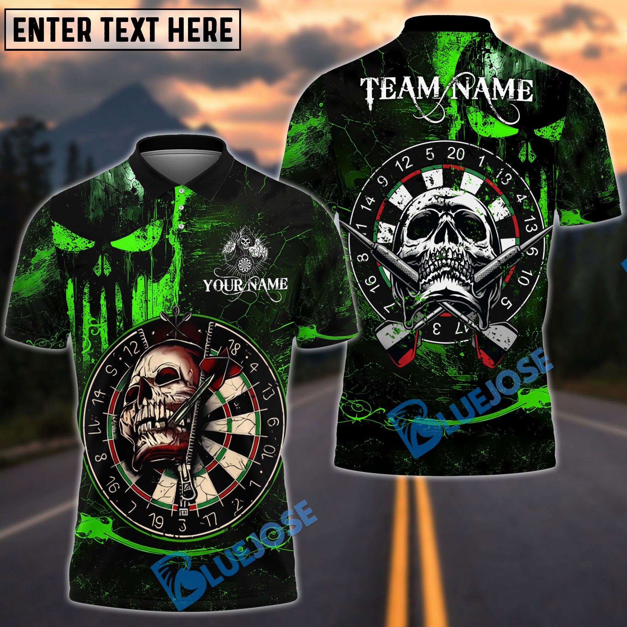 BlueJose Darts Skull Target Gothic Design Personalized Name, Team Name Unisex Shirt (4 Colors)