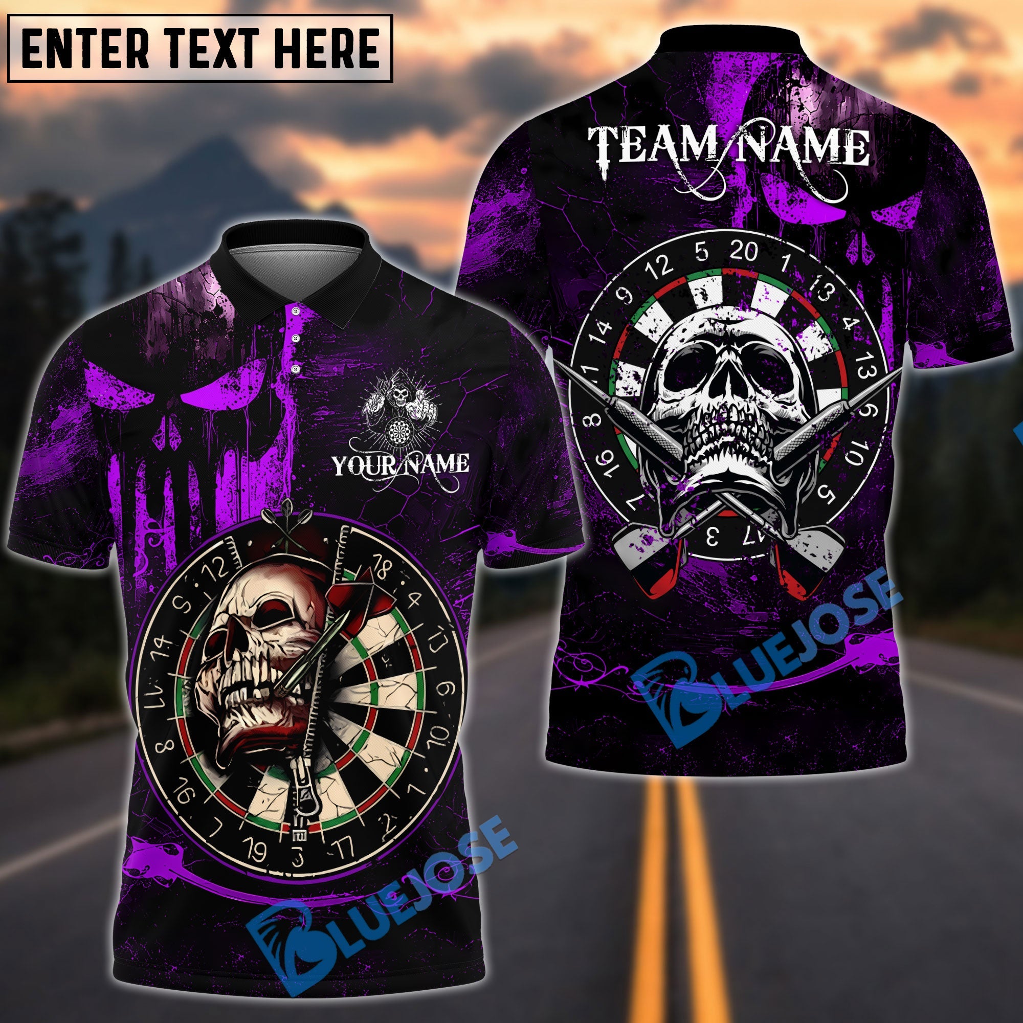 BlueJose Darts Skull Target Gothic Design Personalized Name, Team Name Unisex Shirt (4 Colors)