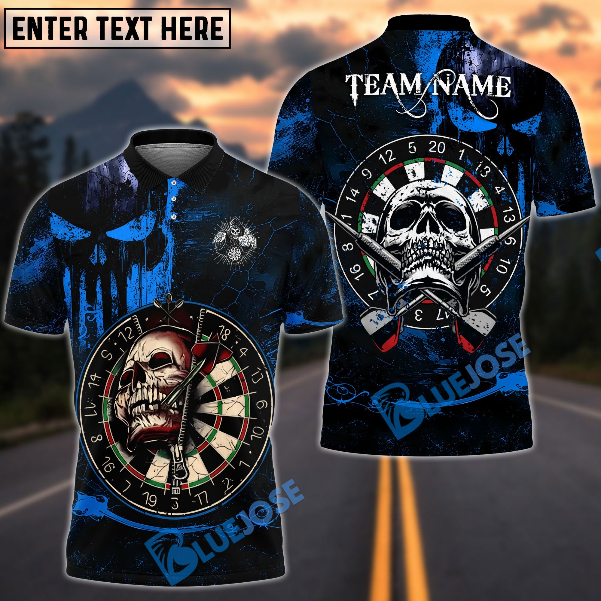 BlueJose Darts Skull Target Gothic Design Personalized Name, Team Name Unisex Shirt (4 Colors)