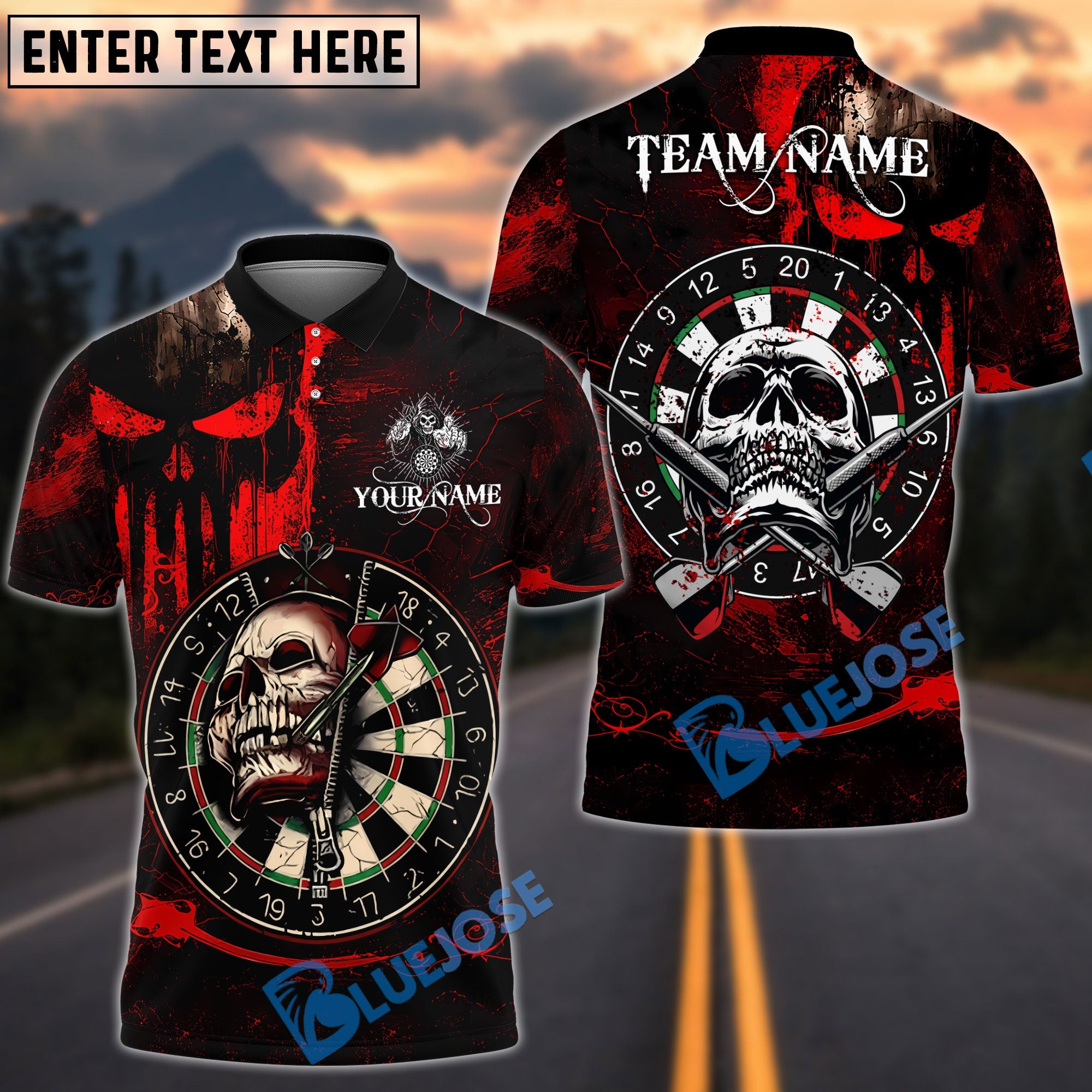 BlueJose Darts Skull Target Gothic Design Personalized Name, Team Name Unisex Shirt (4 Colors)