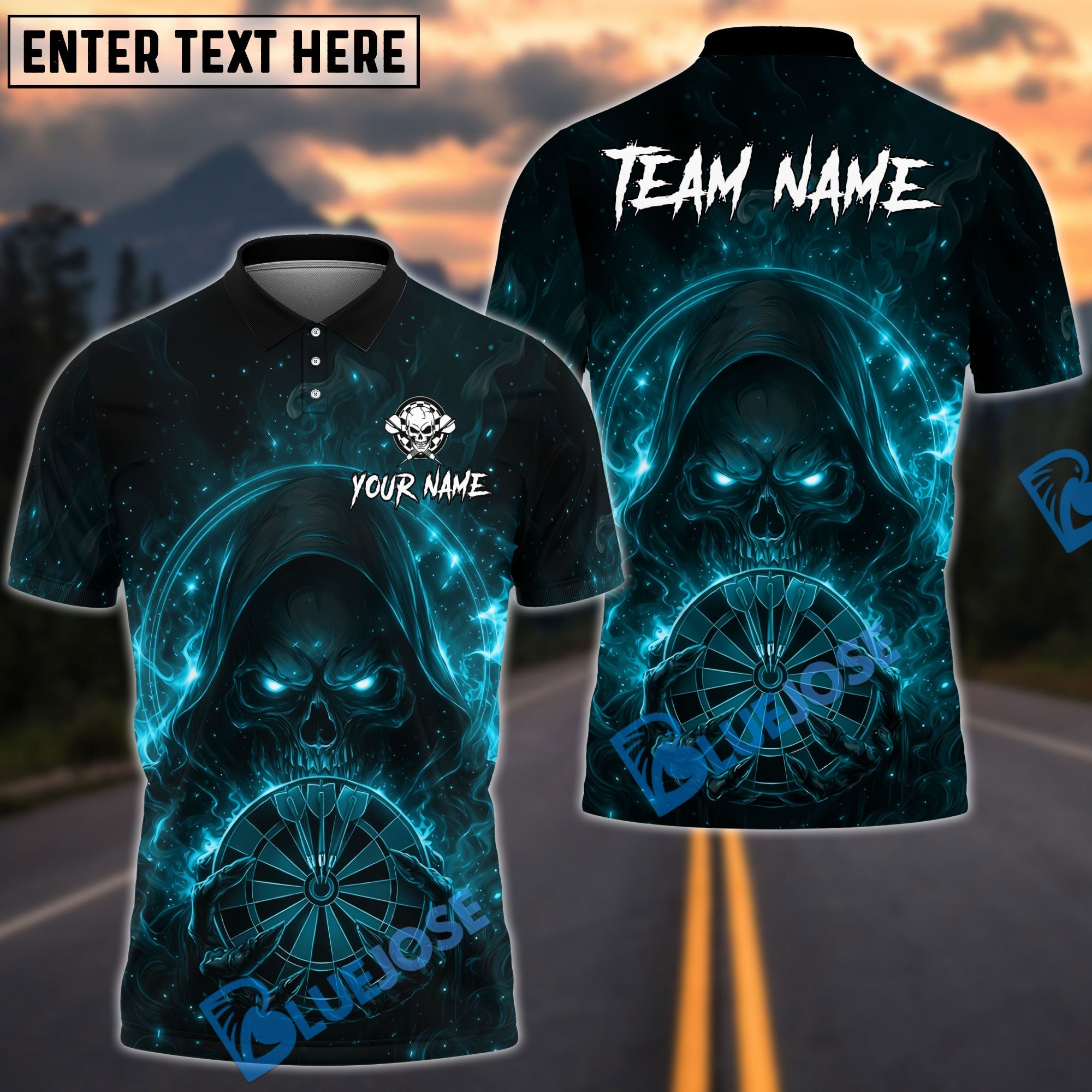 BlueJose Darts Grim Reaper Hold Dartboard Flames Design Personalized Name, Team Name Unisex Shirt (4 Colors)