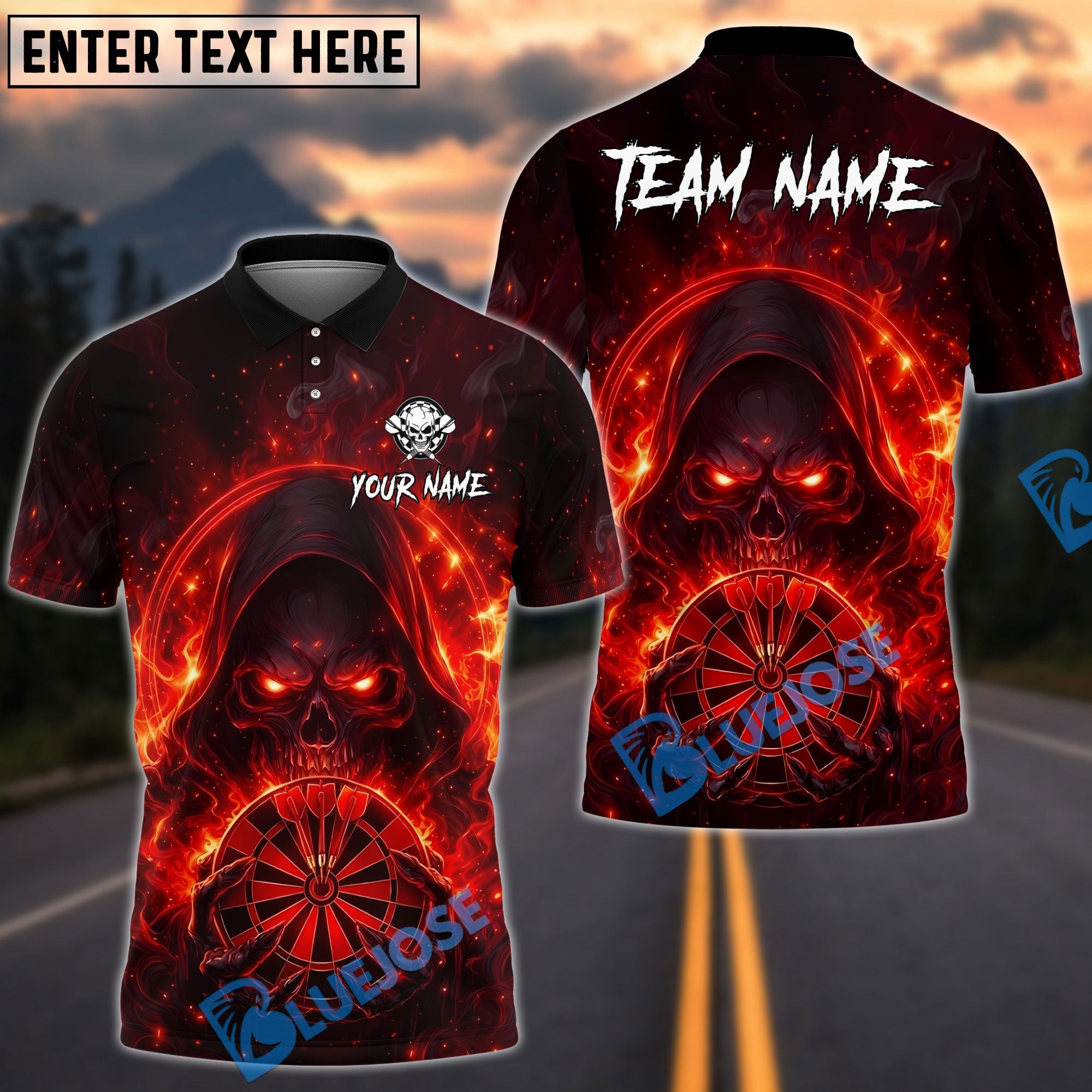 BlueJose Darts Grim Reaper Hold Dartboard Flames Design Personalized Name, Team Name Unisex Shirt (4 Colors)