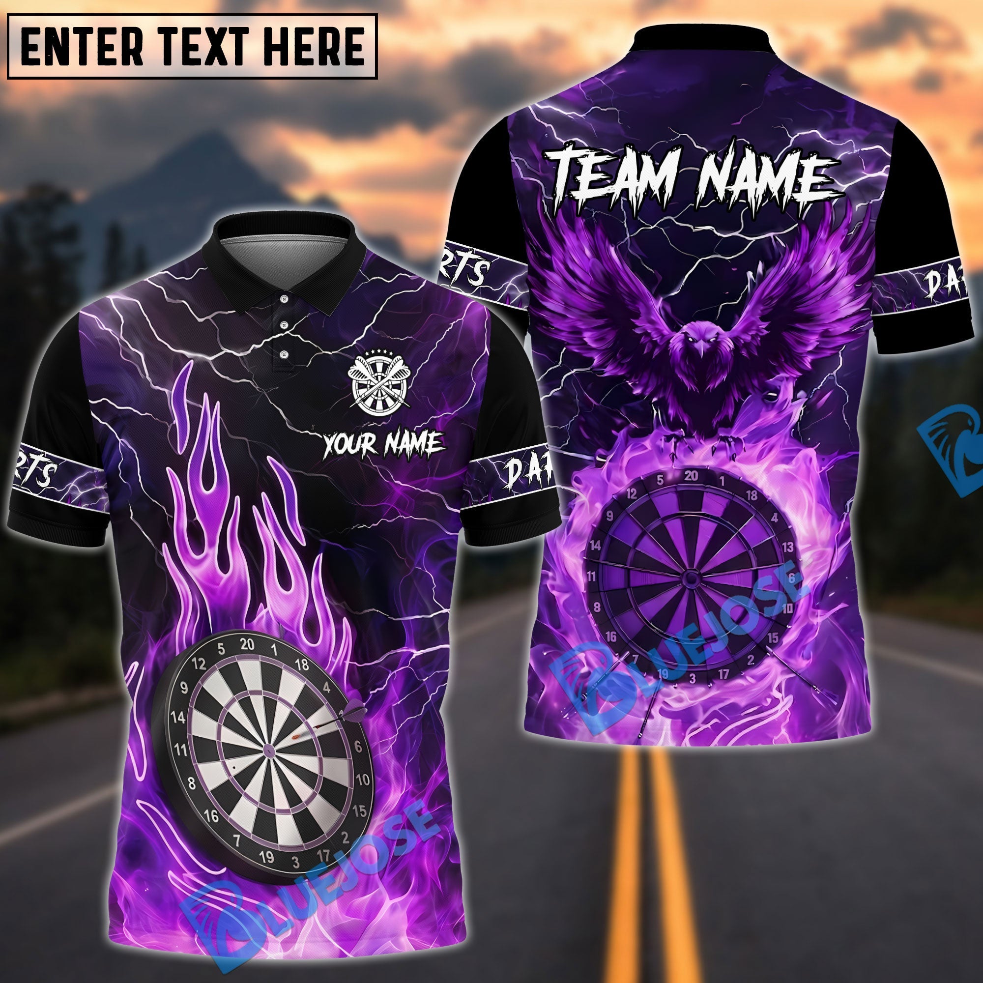 BlueJose Darts Flame Eagle Stand On Dartboard Flames Design Personalized Name, Team Name Unisex Shirt (4 Colors)