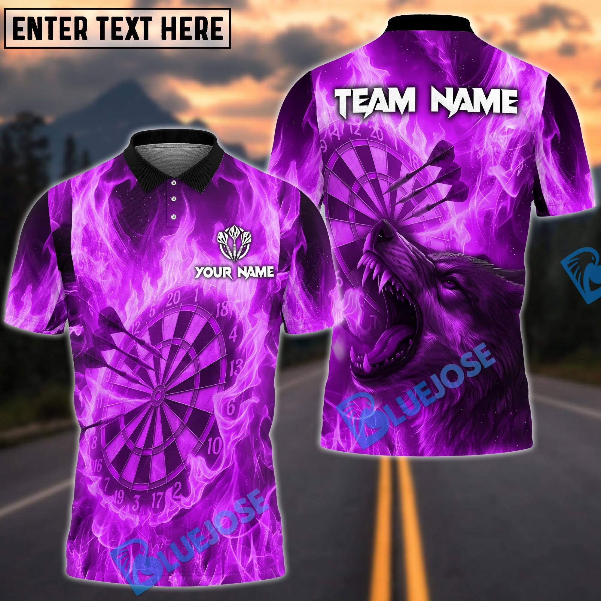 BlueJose Darts Flame Wolf Bullseye With Dartboard Design Personalized Name, Team Name Unisex Shirt (4 Colors)