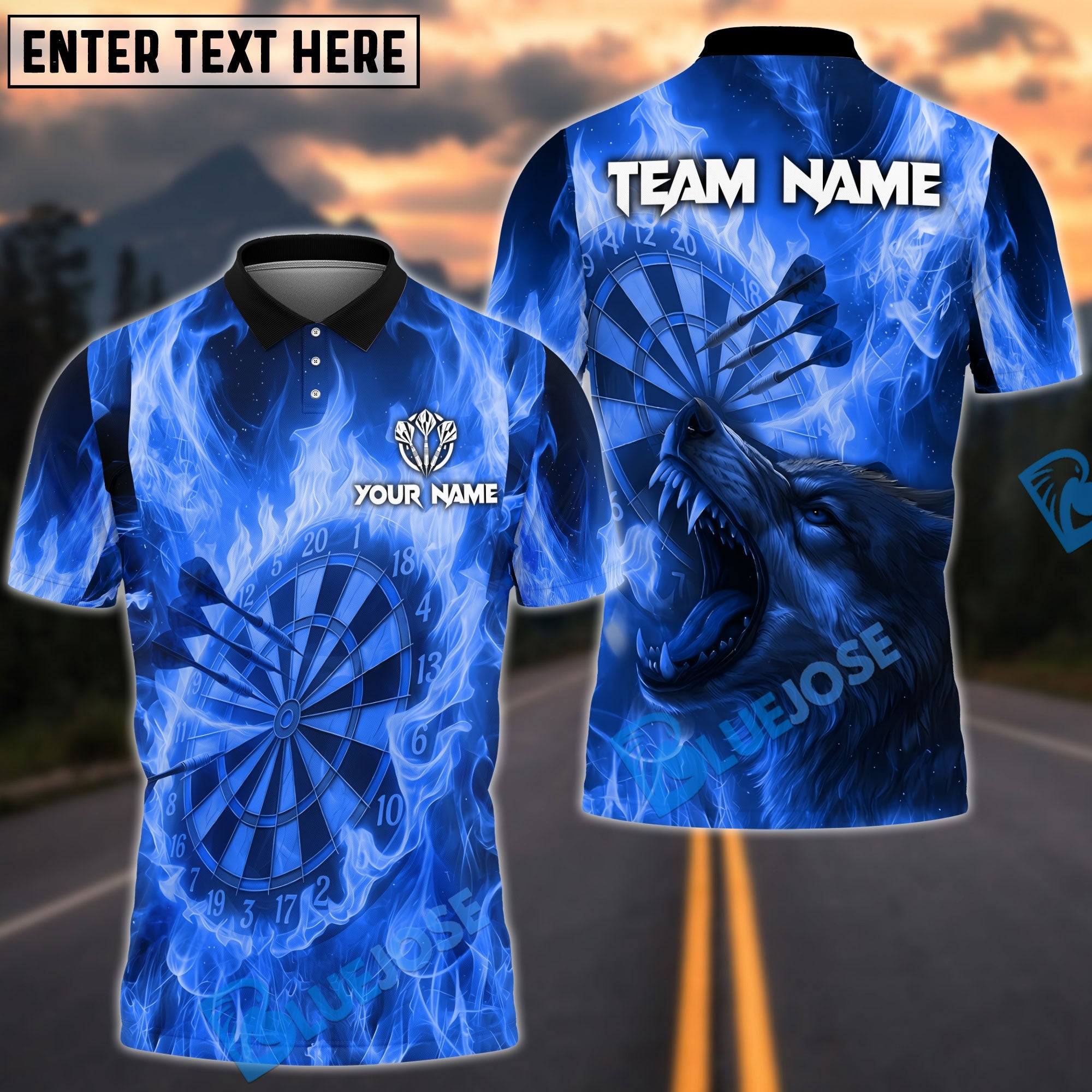 BlueJose Darts Flame Wolf Bullseye With Dartboard Design Personalized Name, Team Name Unisex Shirt (4 Colors)