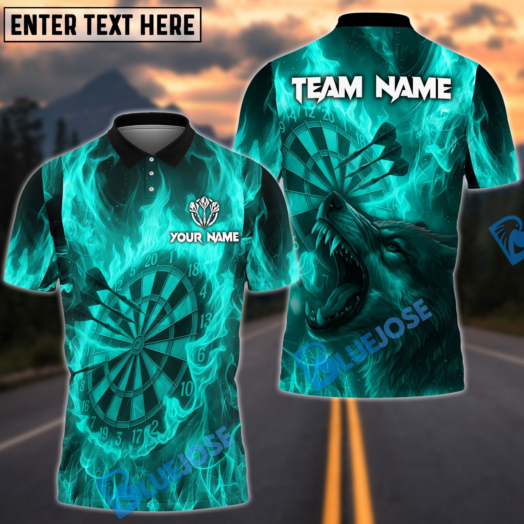 BlueJose Darts Flame Wolf Bullseye With Dartboard Design Personalized Name, Team Name Unisex Shirt (4 Colors)