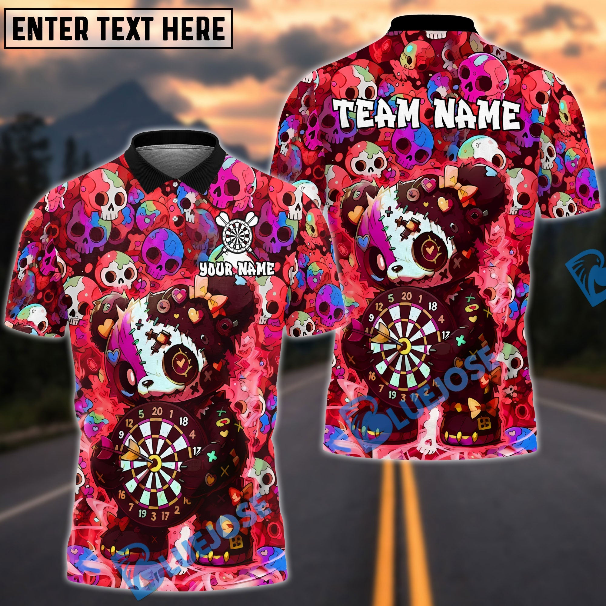 BlueJose Darts Scary Teddy Bear Dartboard Skull Background Design Personalized Name, Team Name Unisex Shirt (4 Colors)