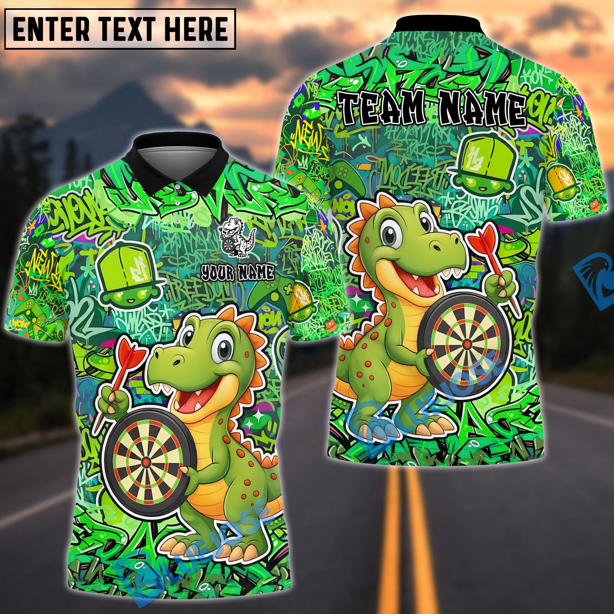 BlueJose Darts Graffiti Cute Dinosaur Dartboard Design Personalized Name, Team Name Unisex Shirt (4 Colors)