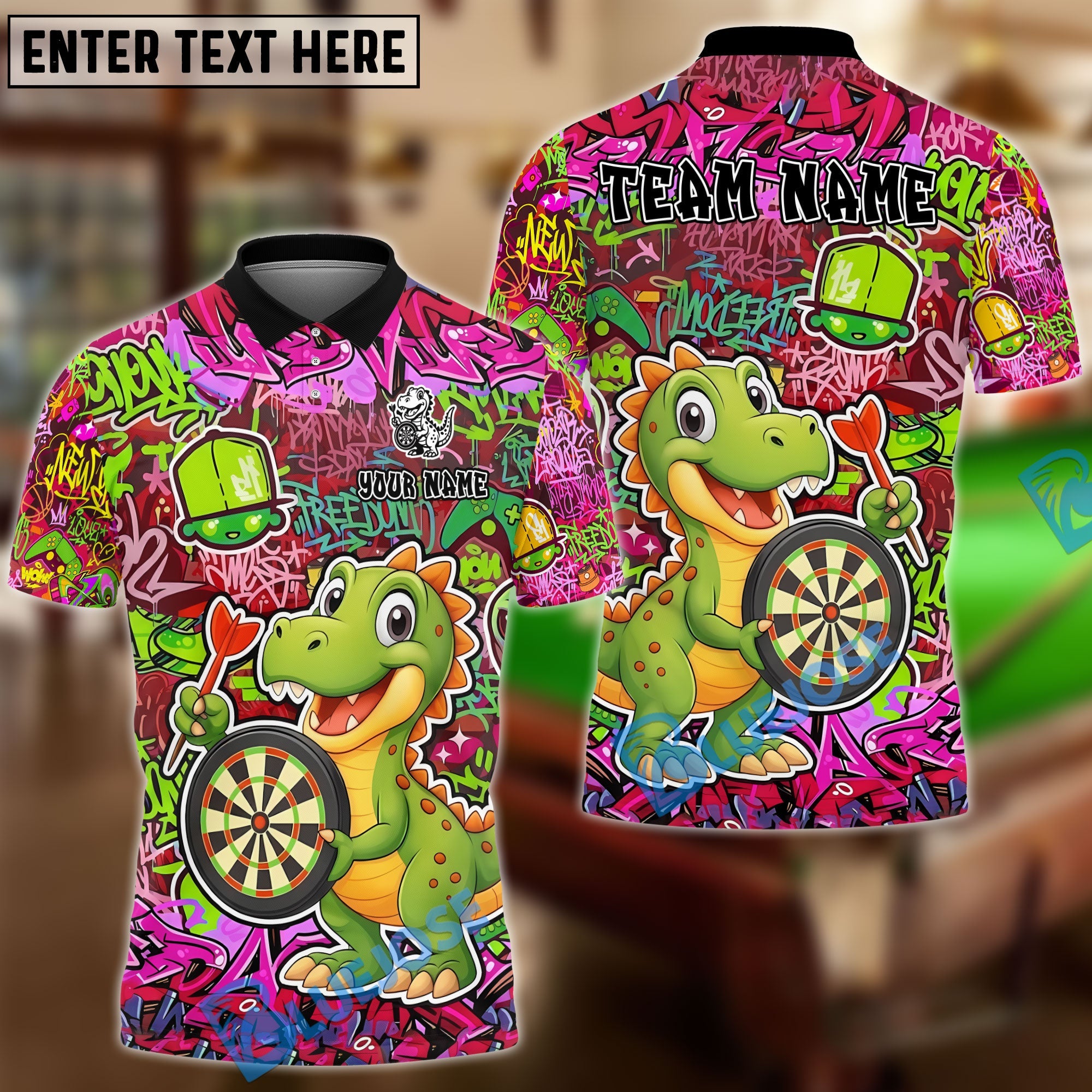 BlueJose Darts Graffiti Cute Dinosaur Dartboard Design Personalized Name, Team Name Unisex Shirt (4 Colors)