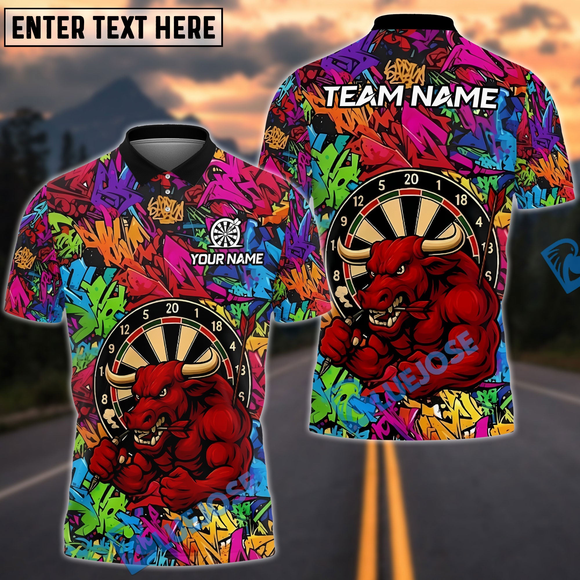 BlueJose Darts Graffiti Muscle Bull With Dartboard Design Personalized Name Shirt