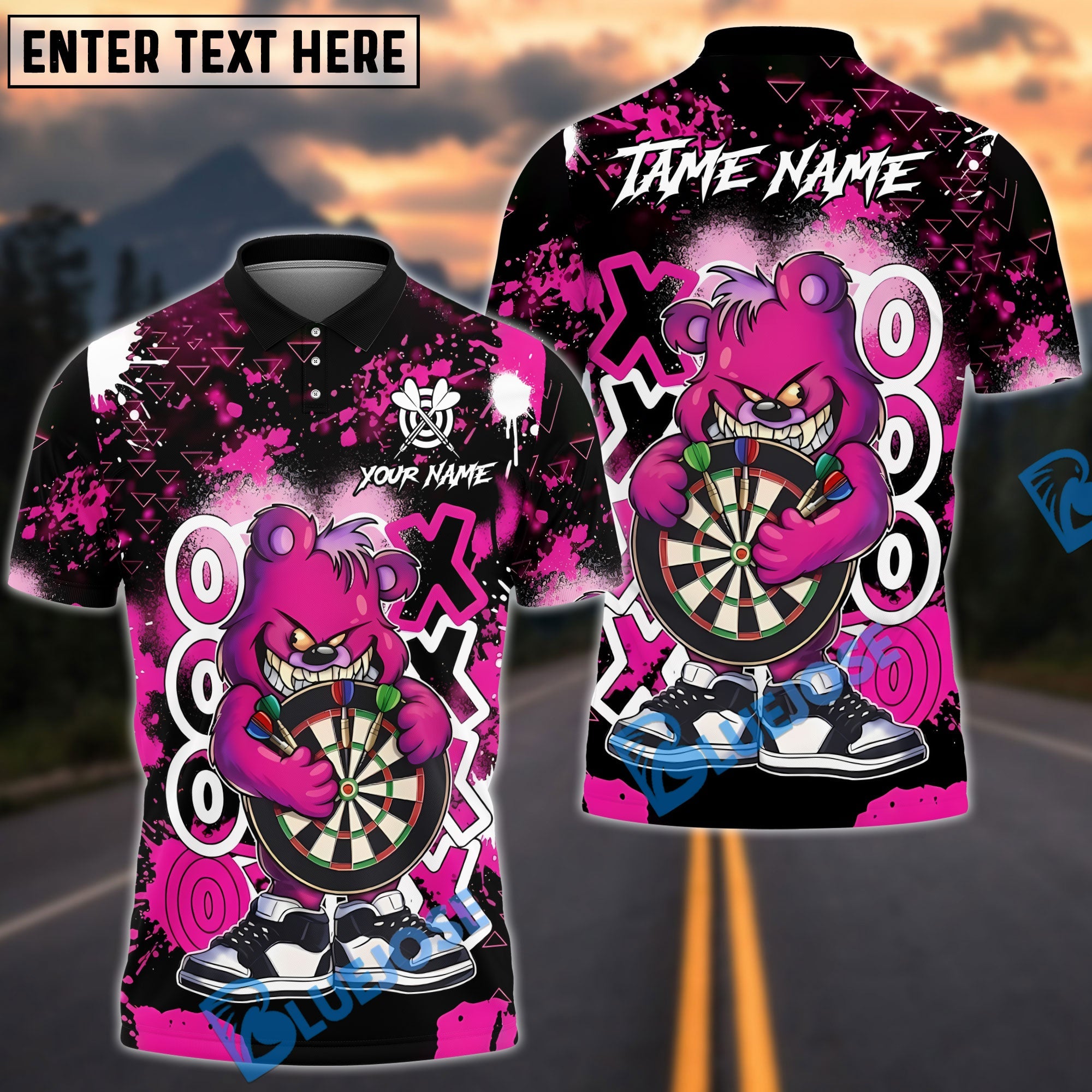 BlueJose Darts Graffiti Valentine Bear Dartboard Hug Love Power Art Personalized Name, Team Name Unisex Shirt (4 Colors)