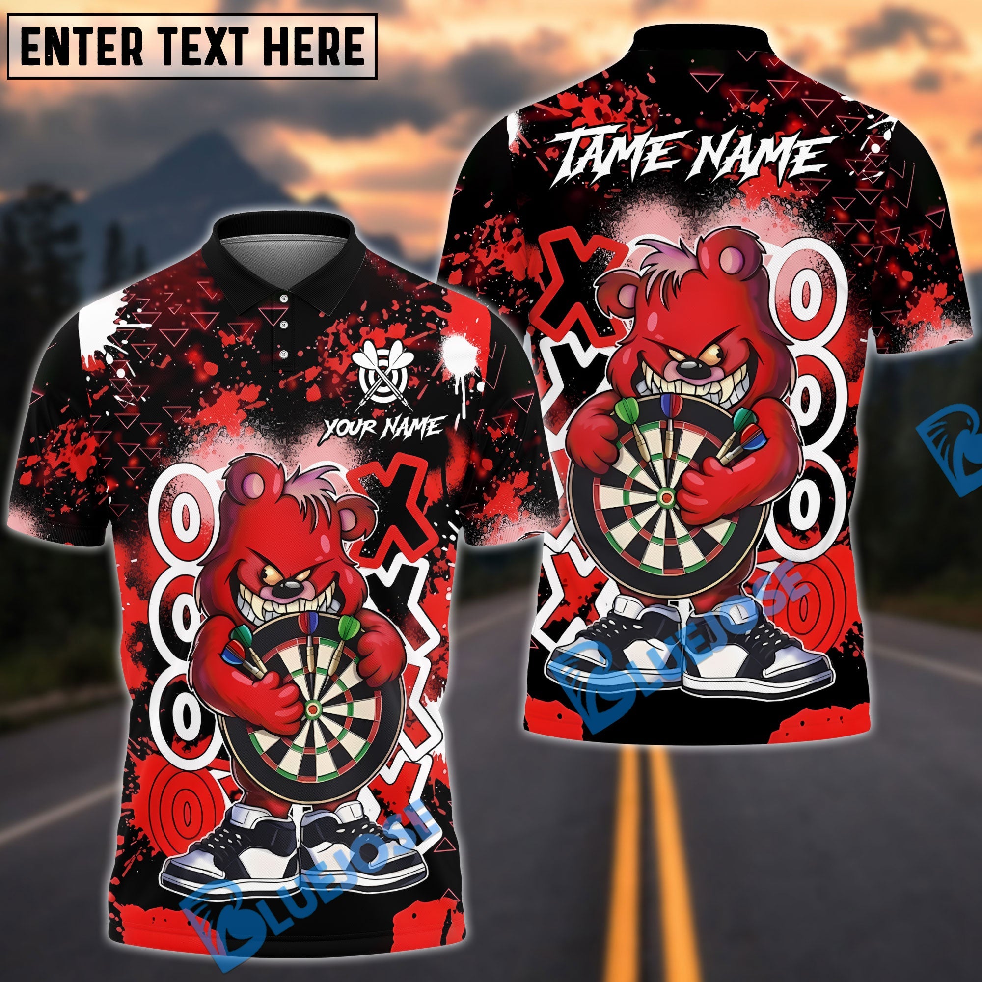 BlueJose Darts Graffiti Valentine Bear Dartboard Hug Love Power Art Personalized Name, Team Name Unisex Shirt (4 Colors)