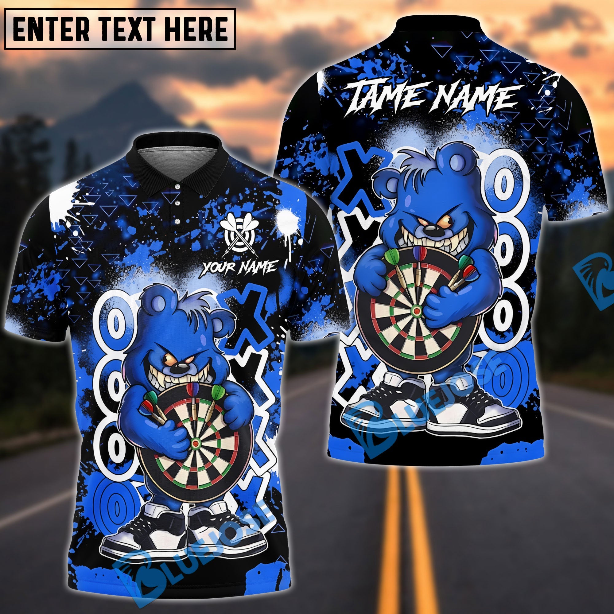 BlueJose Darts Graffiti Valentine Bear Dartboard Hug Love Power Art Personalized Name, Team Name Unisex Shirt (4 Colors)