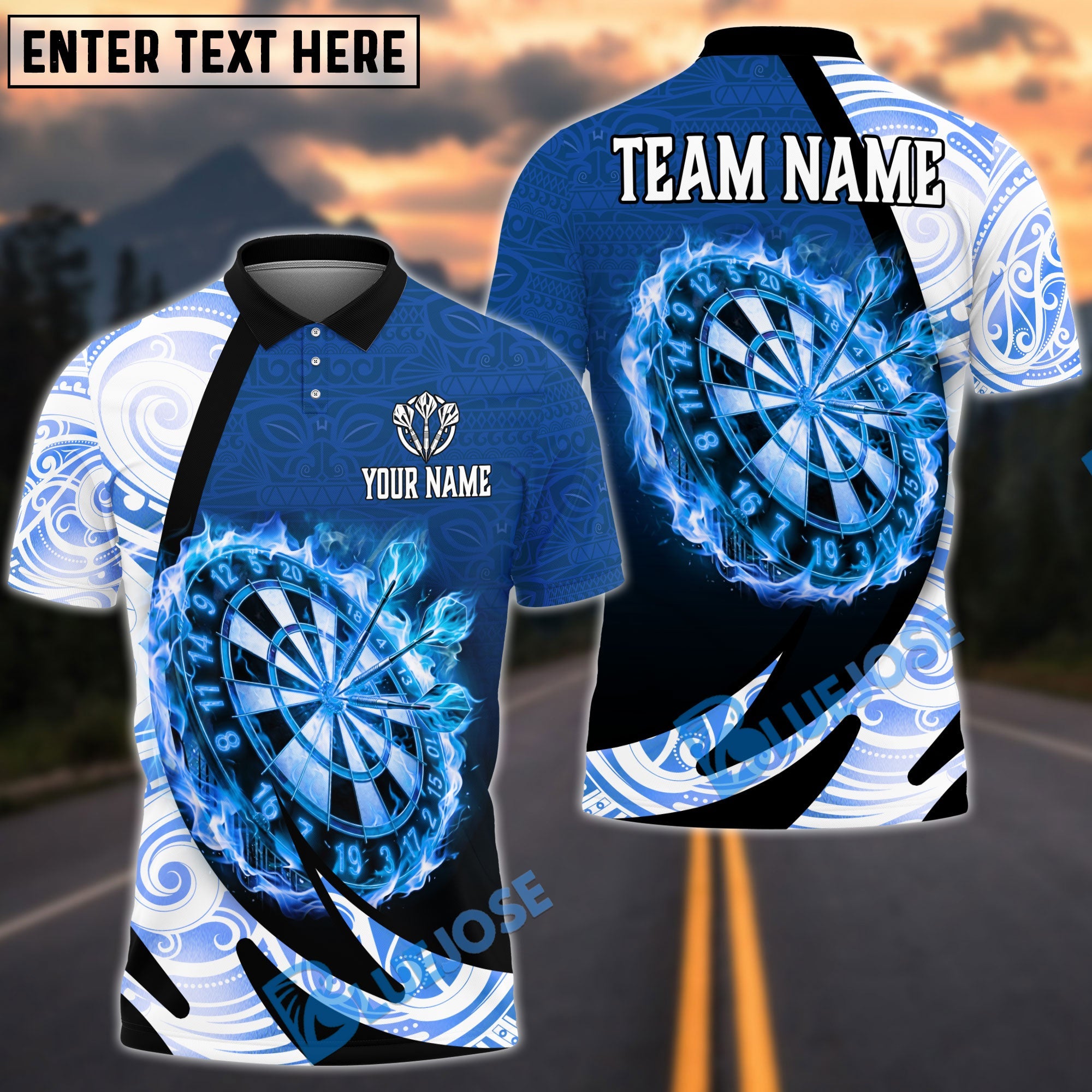 BlueJose Darts Tribal Pattern Burning Dartboard Personalized Name, Team Name Unisex Shirt (4 Colors)
