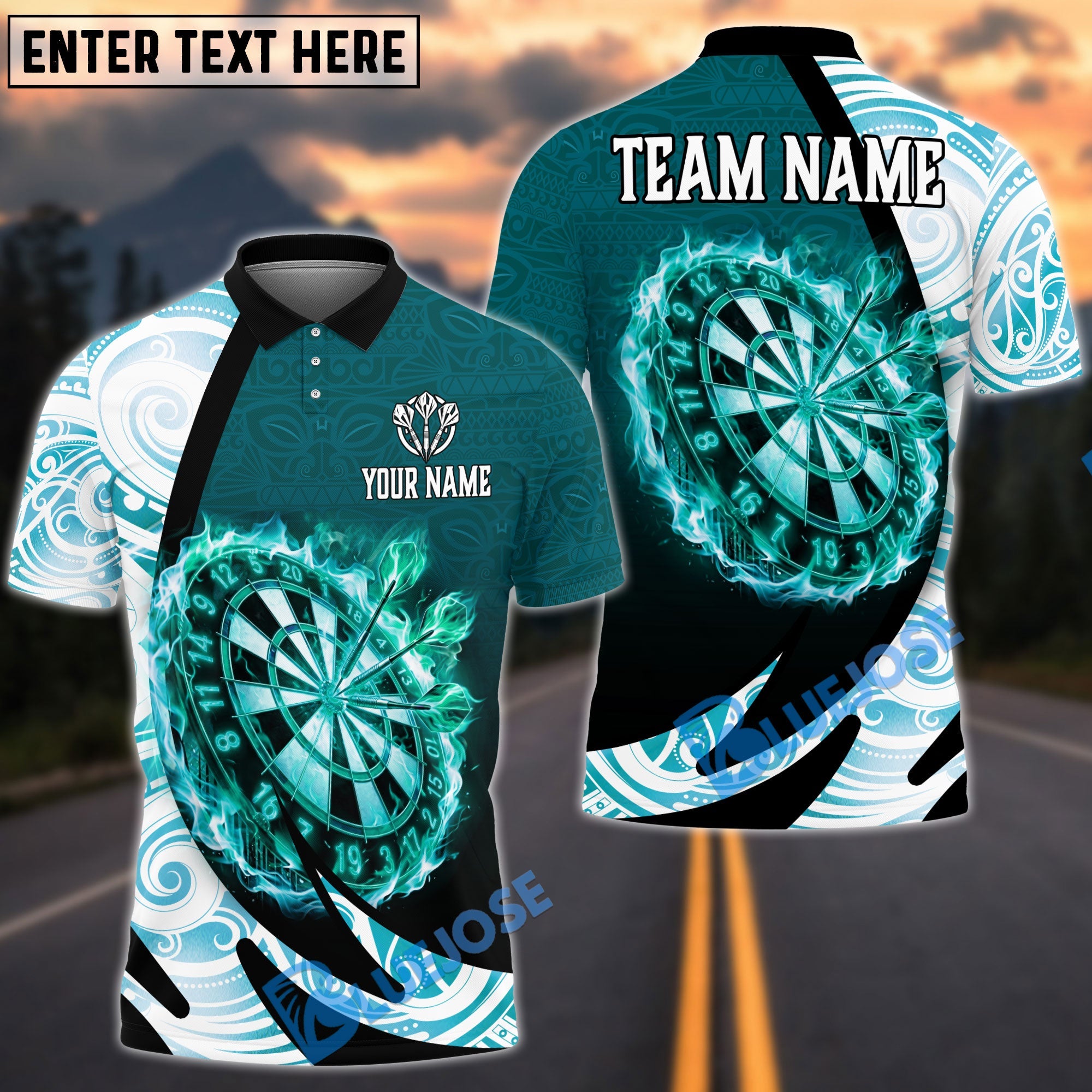 BlueJose Darts Tribal Pattern Burning Dartboard Personalized Name, Team Name Unisex Shirt (4 Colors)