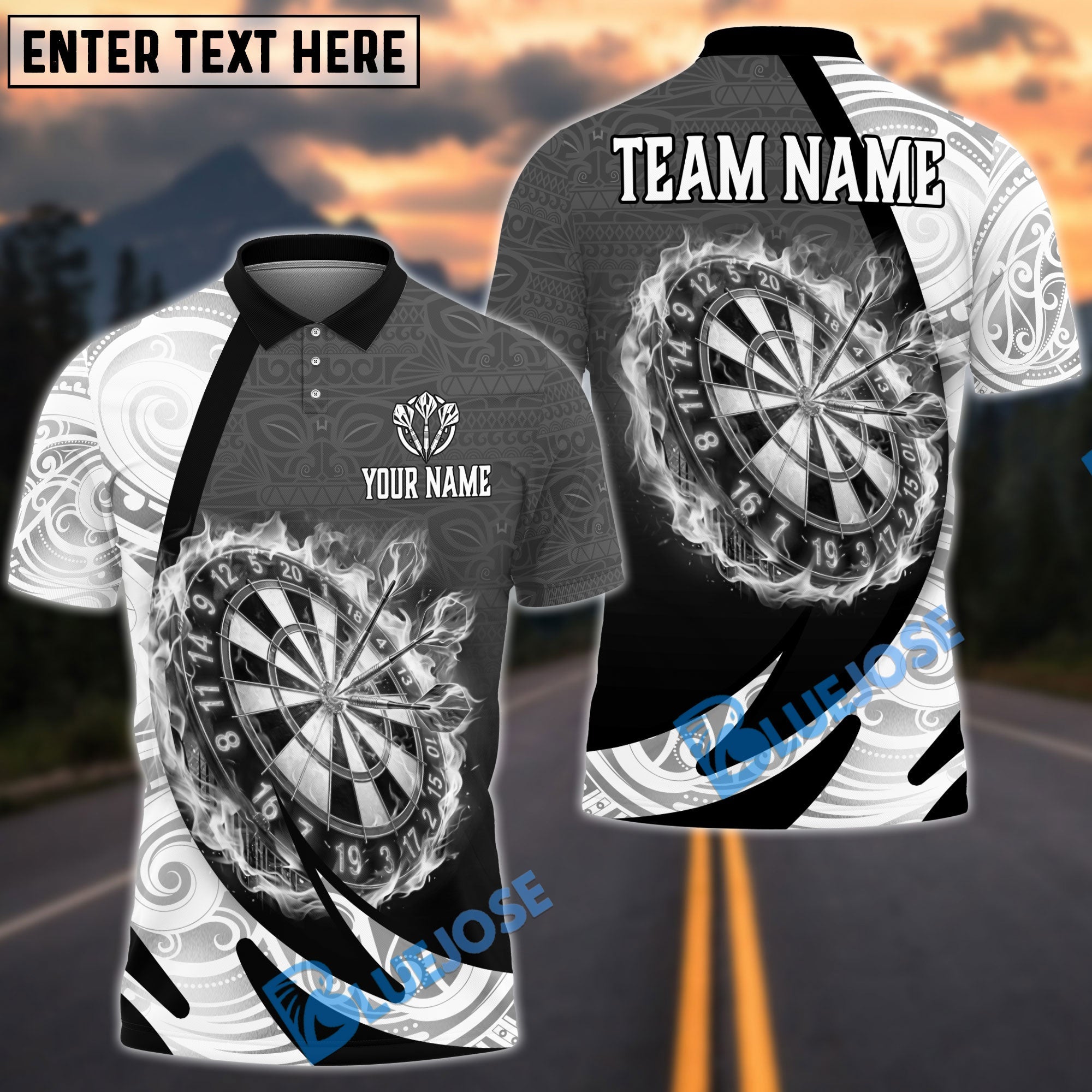 BlueJose Darts Tribal Pattern Burning Dartboard Personalized Name, Team Name Unisex Shirt (4 Colors)