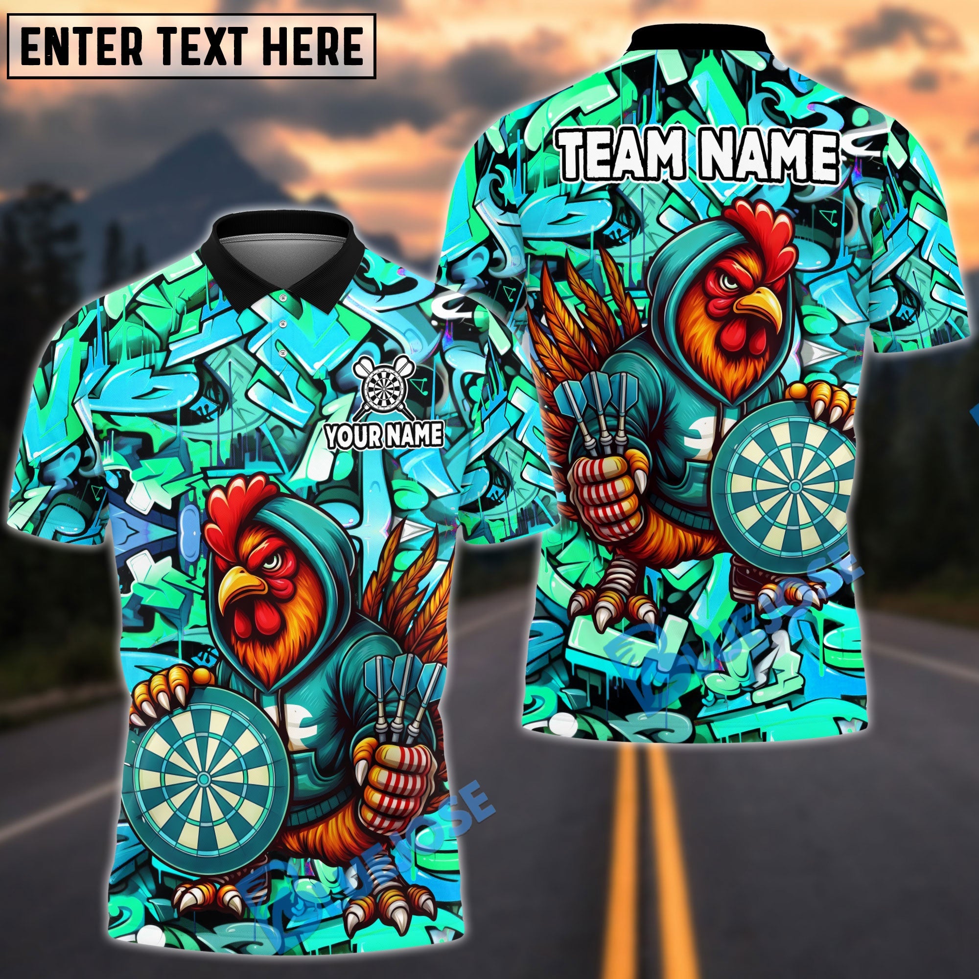 BlueJose Darts Cool Rooster Dartboard Design Personalized Name, Team Name Unisex Shirt (4 Colors)