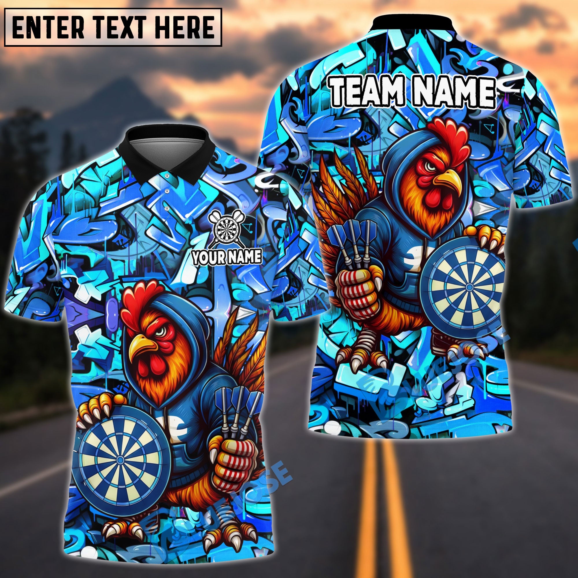 BlueJose Darts Cool Rooster Dartboard Design Personalized Name, Team Name Unisex Shirt (4 Colors)