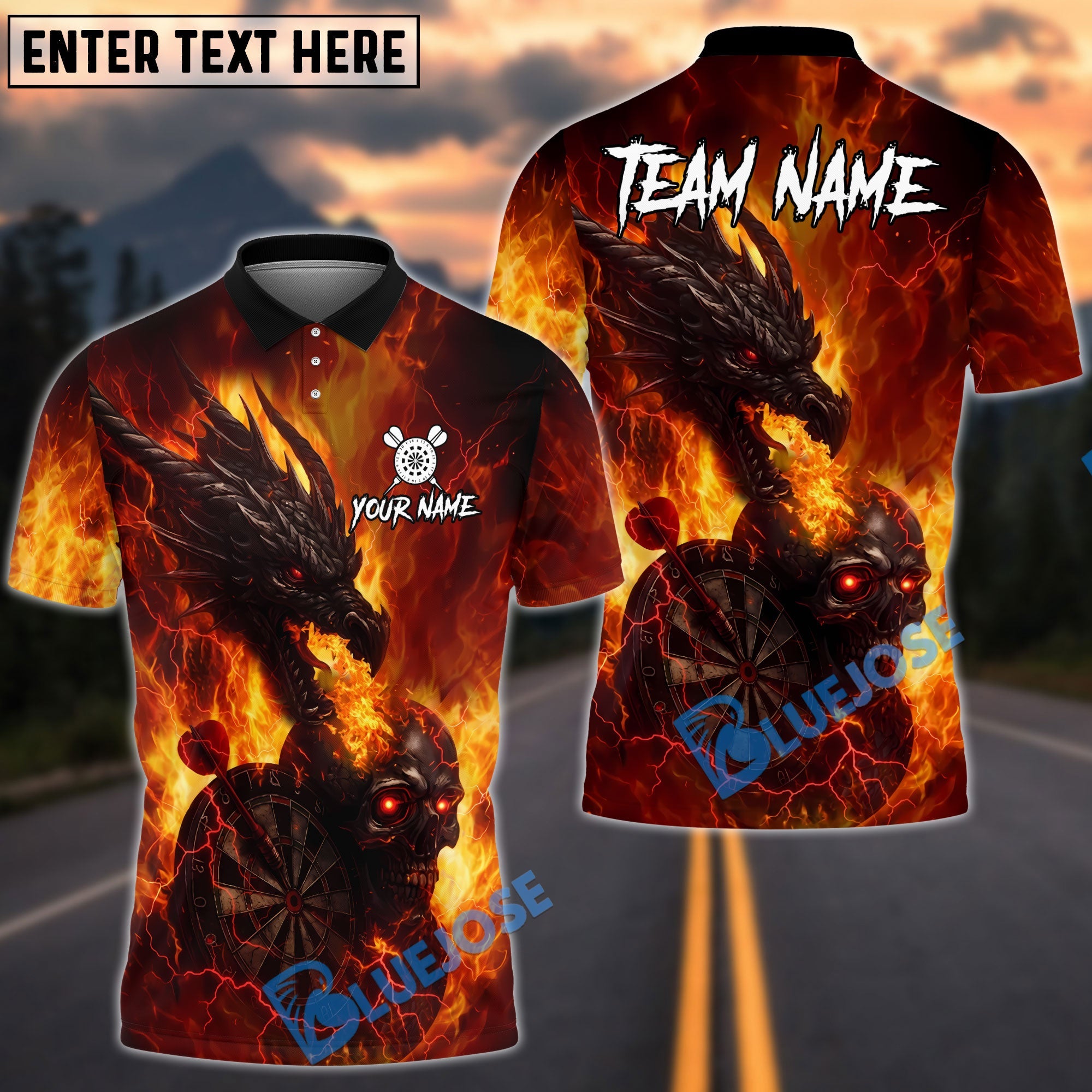 BlueJose Darts Flame Dragon And Skull With Dartboard Design Personalized Name, Team Name Unisex Shirt (4 Colors)