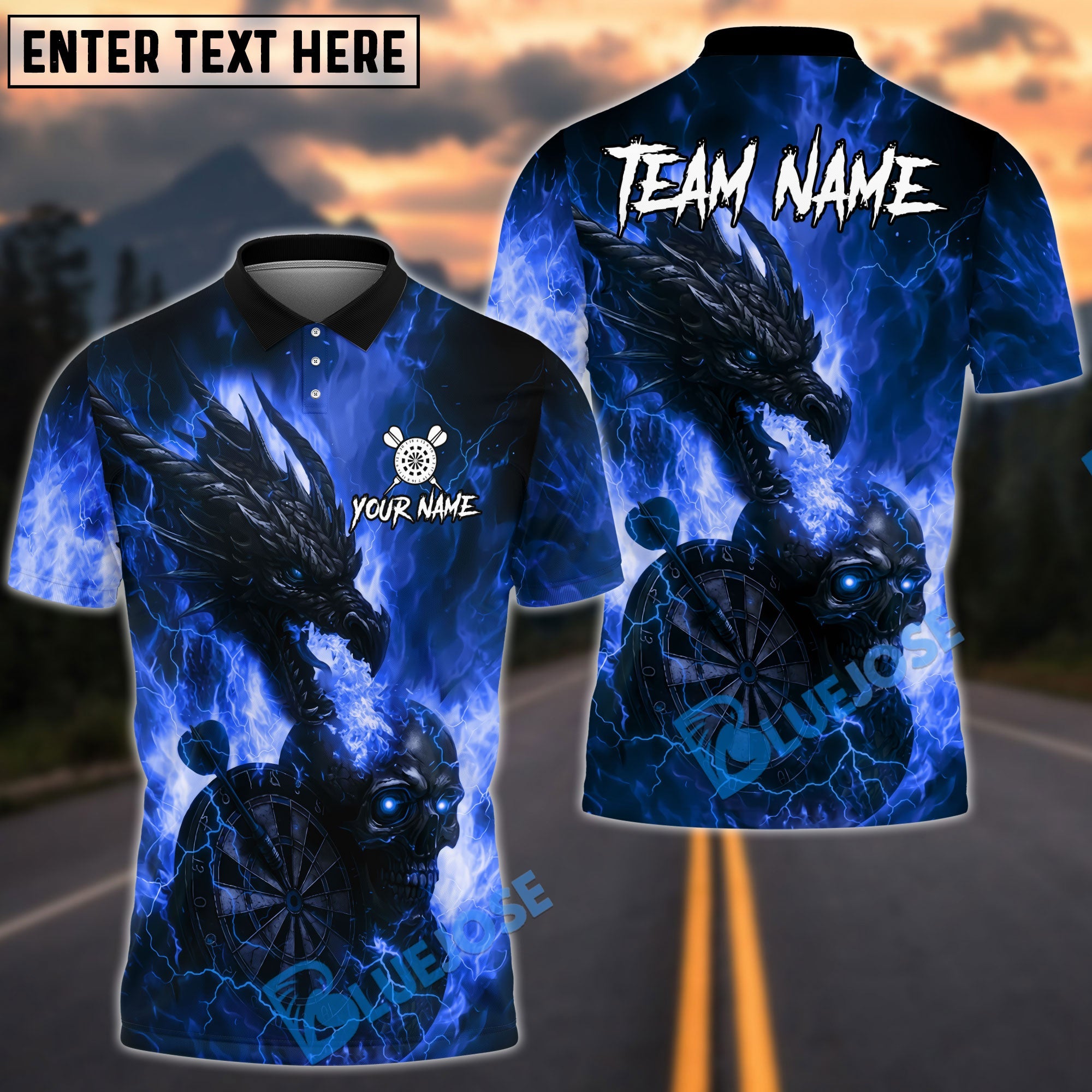 BlueJose Darts Flame Dragon And Skull With Dartboard Design Personalized Name, Team Name Unisex Shirt (4 Colors)