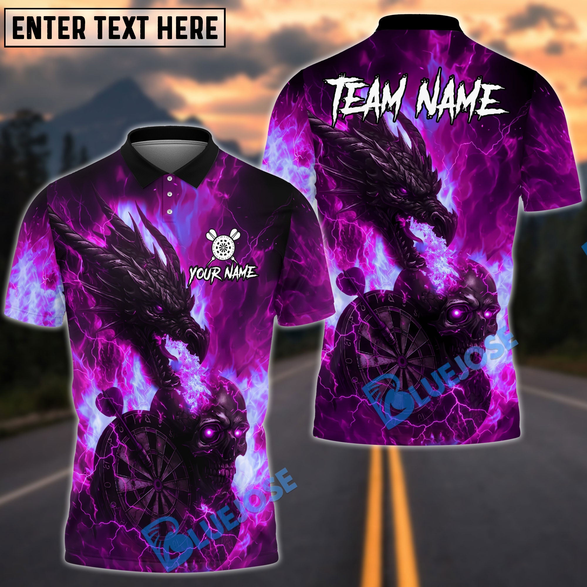 BlueJose Darts Flame Dragon And Skull With Dartboard Design Personalized Name, Team Name Unisex Shirt (4 Colors)