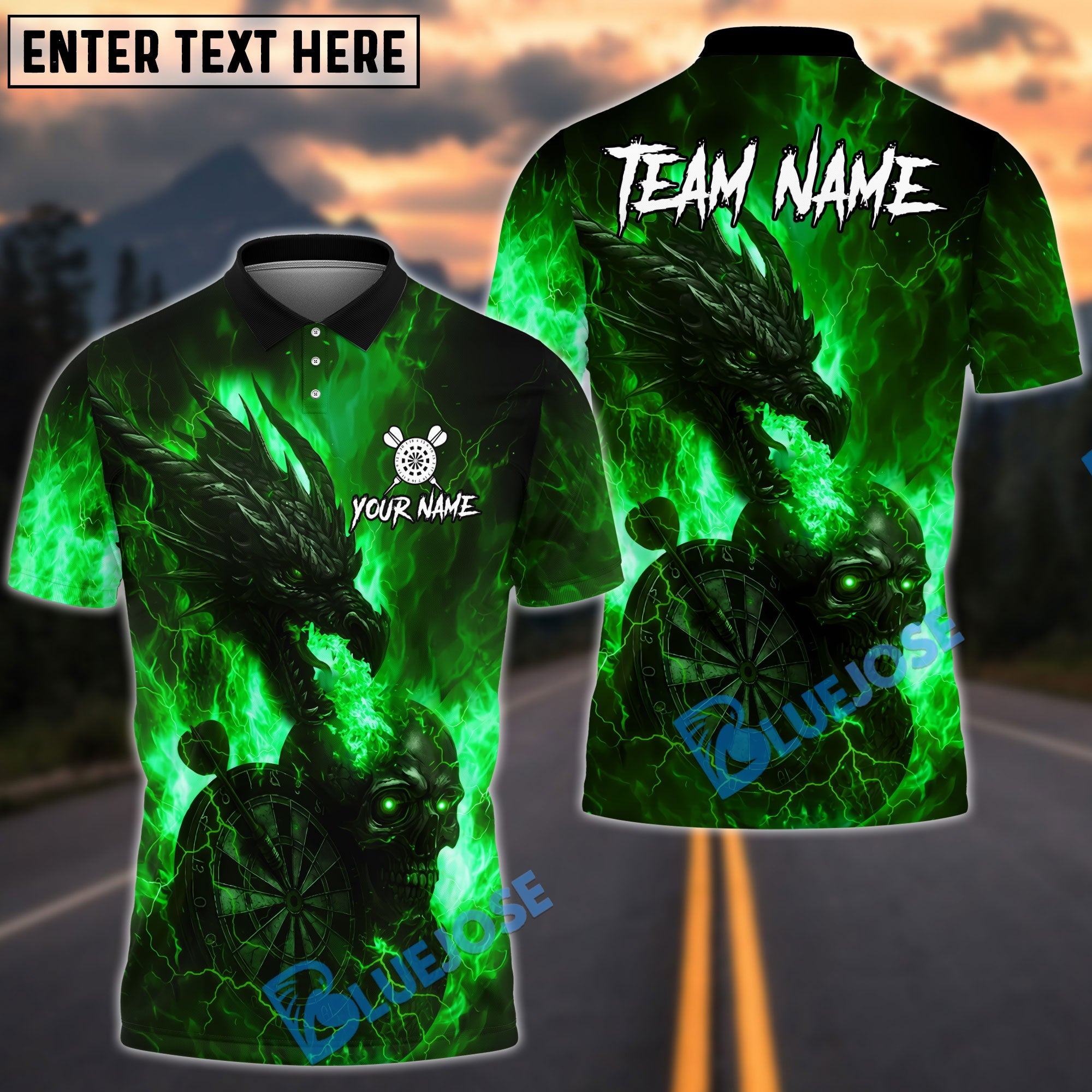 BlueJose Darts Flame Dragon And Skull With Dartboard Design Personalized Name, Team Name Unisex Shirt (4 Colors)