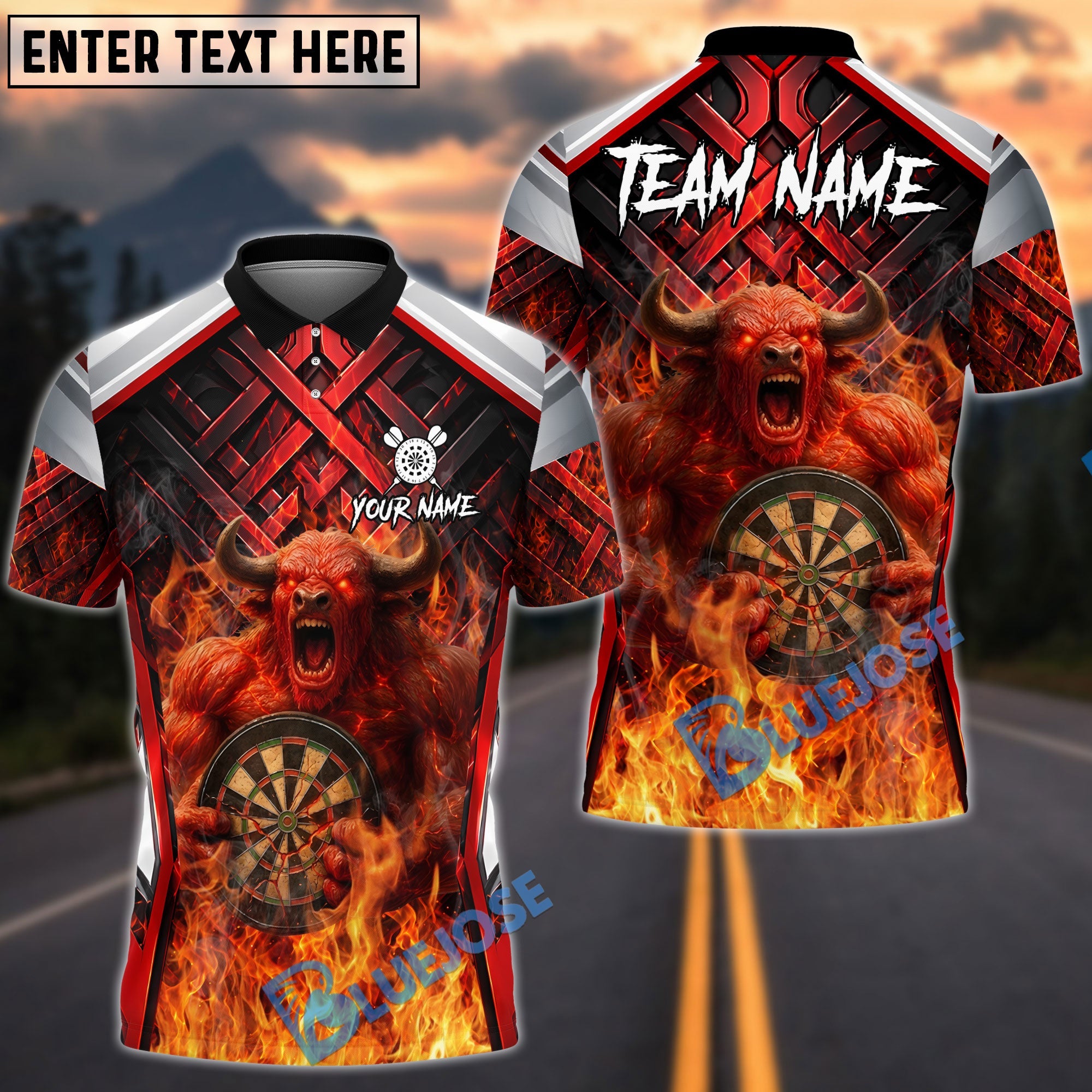 BlueJose Darts Fire Bull Hold Dartboard Design Personalized Name, Team Name Unisex Shirt (4 Colors)