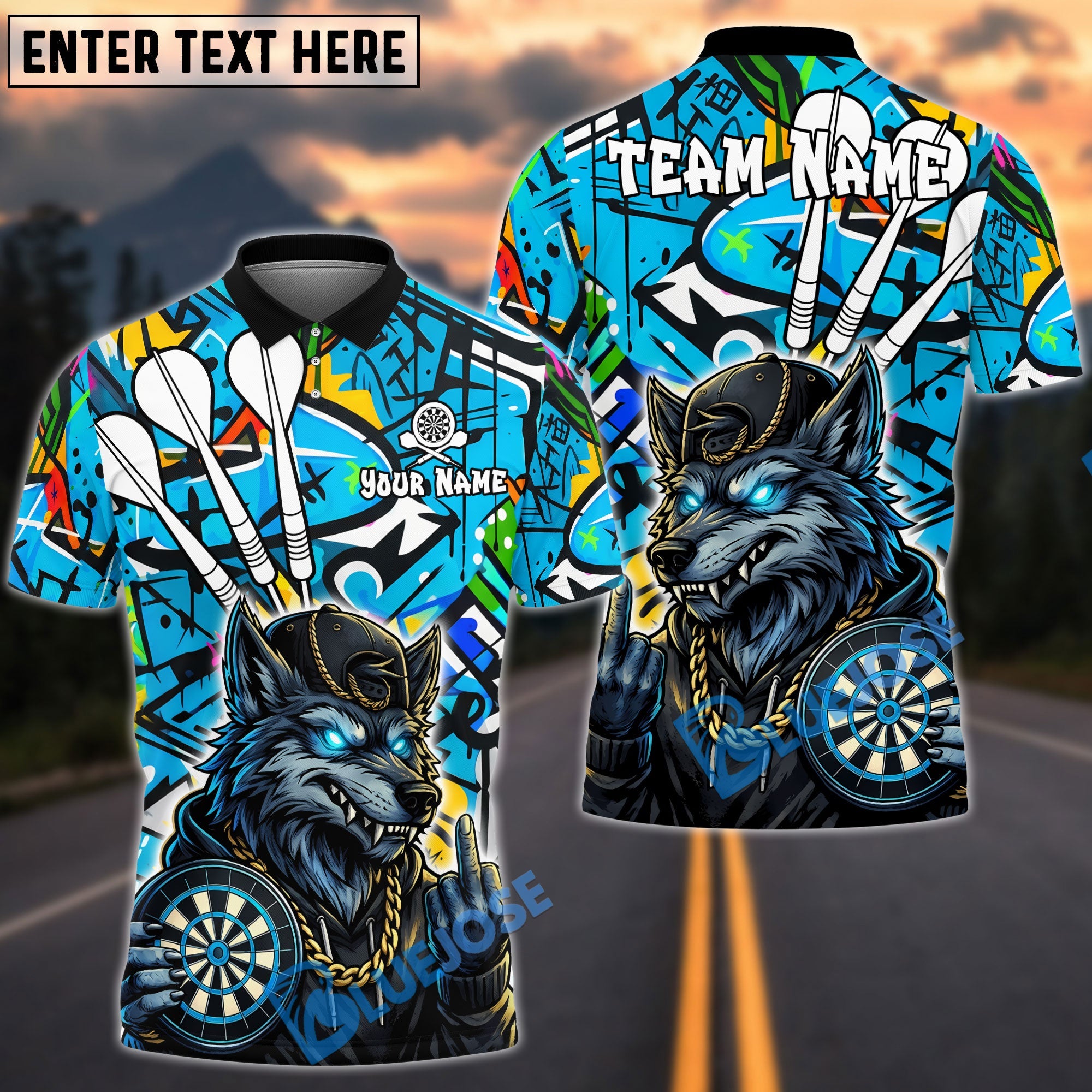 BlueJose Darts Hiphop Wolf Graffity Design Personalized Name, Team Name Unisex Shirt (4 Colors)