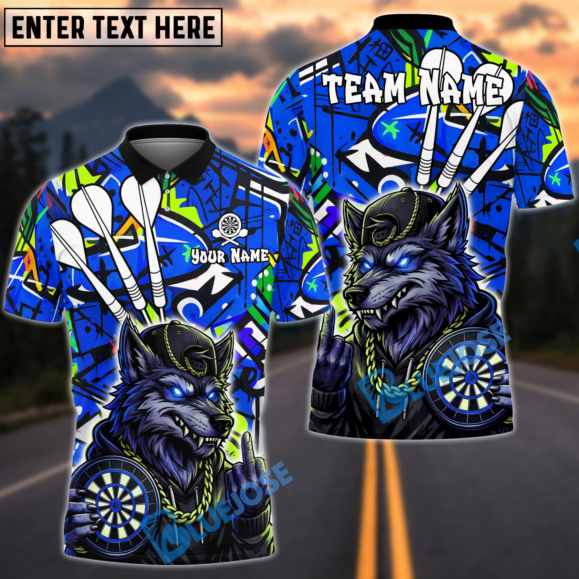 BlueJose Darts Hiphop Wolf Graffity Design Personalized Name, Team Name Unisex Shirt (4 Colors)