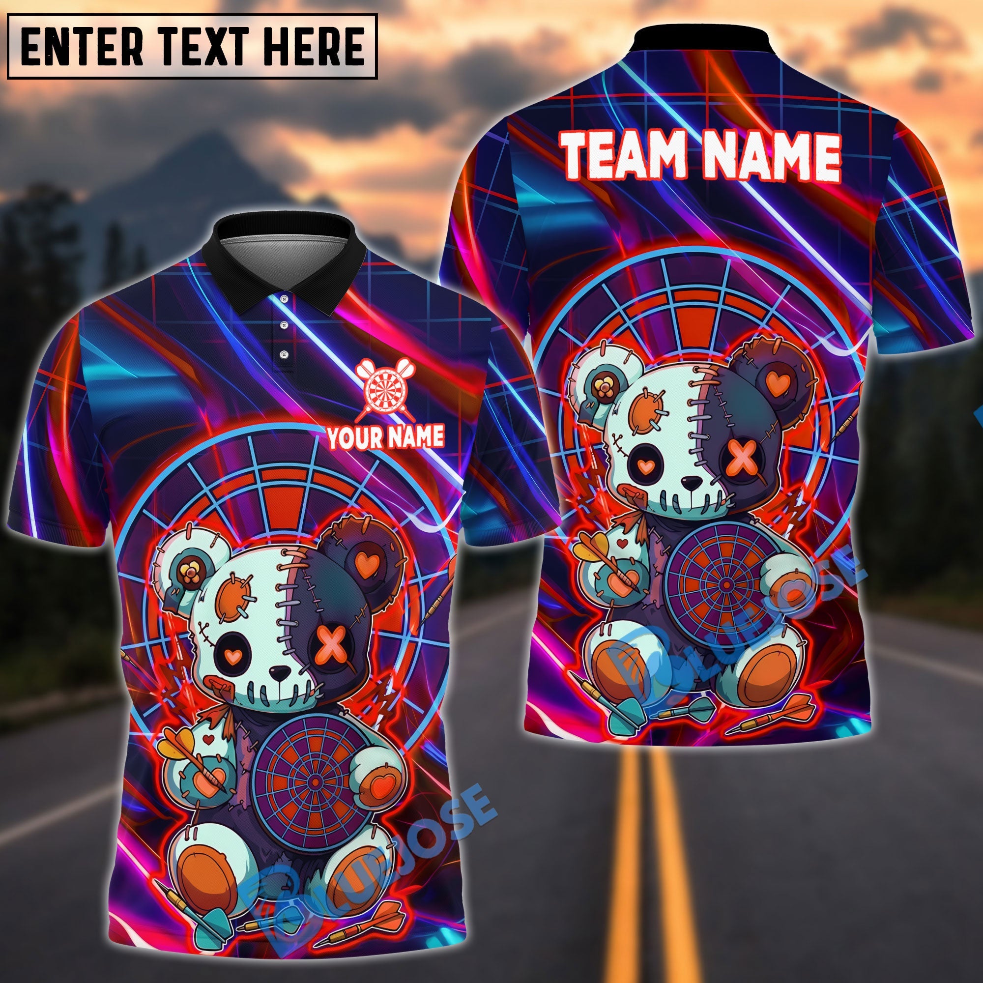 BlueJose Darts Neon Scary Teddy Bear Dartboard Design Personalized Name, Team Name Unisex Shirt (4 Colors)