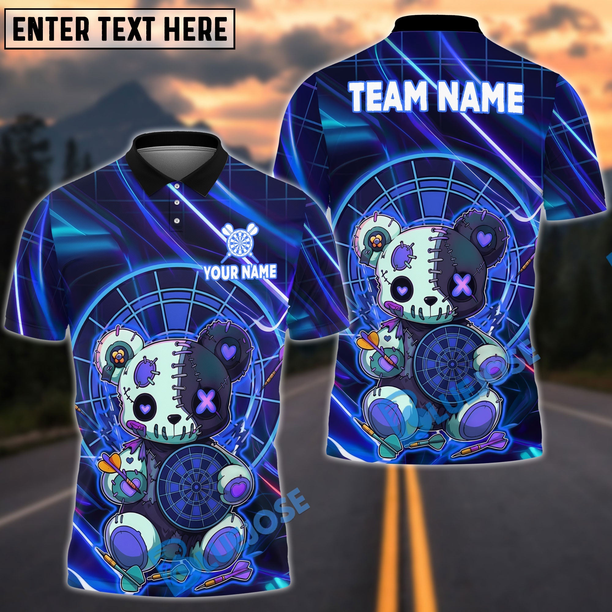 BlueJose Darts Neon Scary Teddy Bear Dartboard Design Personalized Name, Team Name Unisex Shirt (4 Colors)
