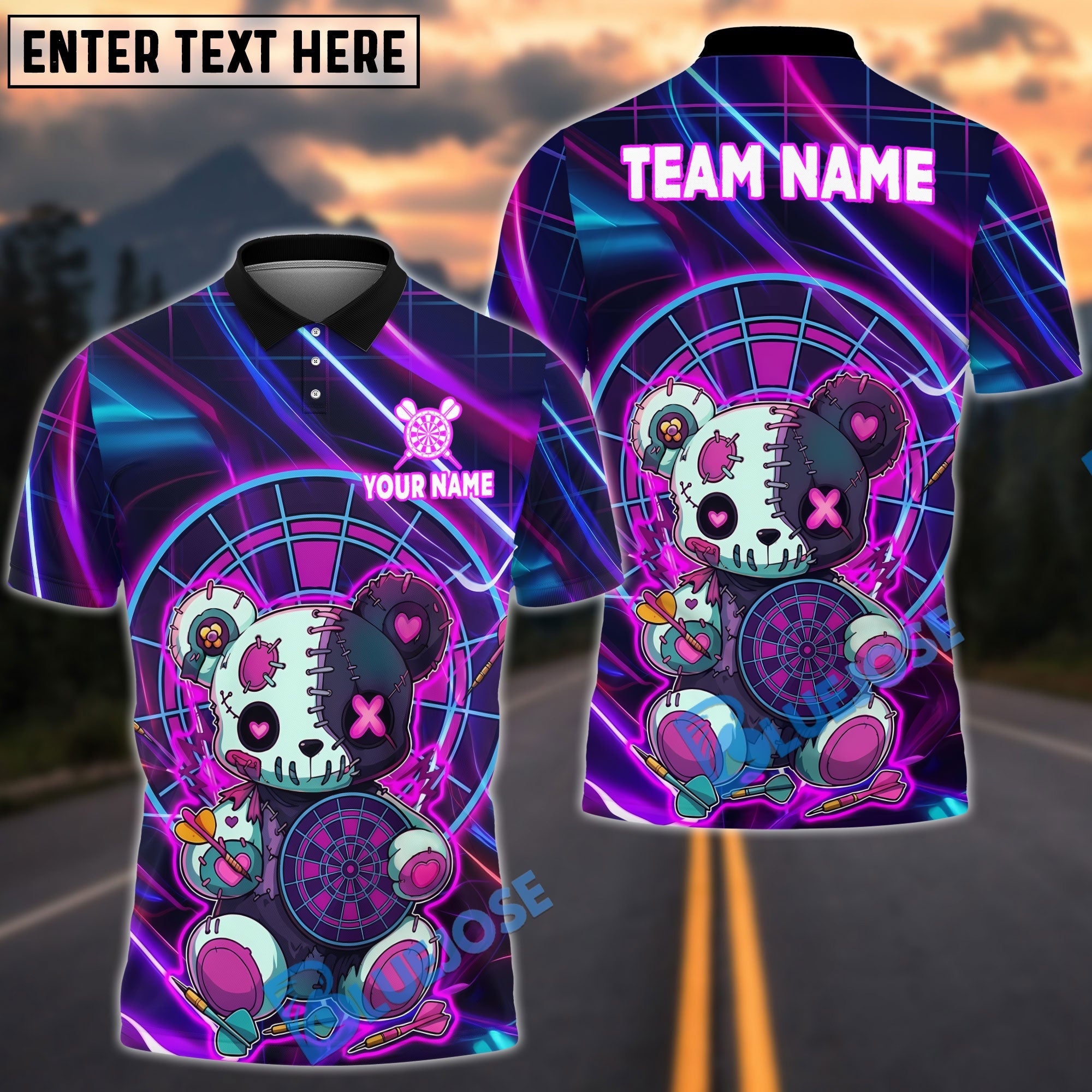 BlueJose Darts Neon Scary Teddy Bear Dartboard Design Personalized Name, Team Name Unisex Shirt (4 Colors)