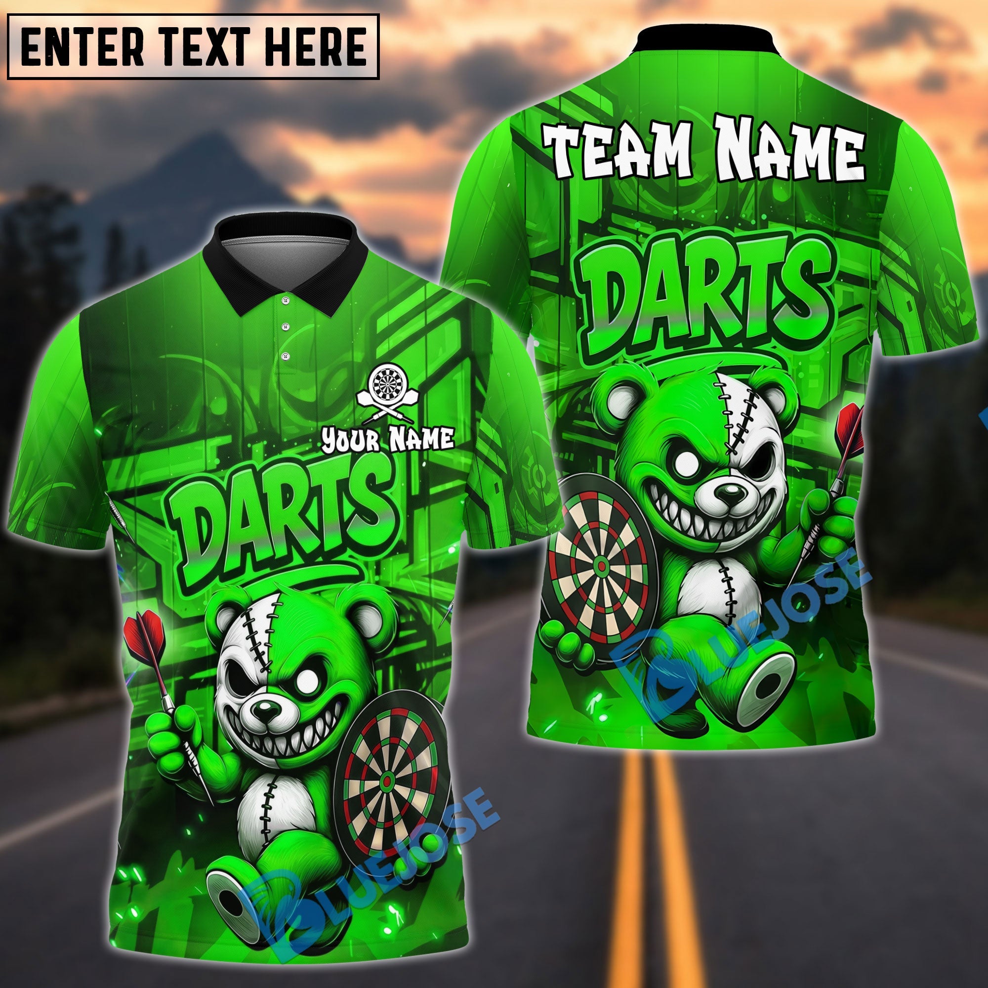 BlueJose Darts X-eye Halloween Bear With Dartboard Design Personalized Name, Team Name Unisex Shirt (4 Colors)