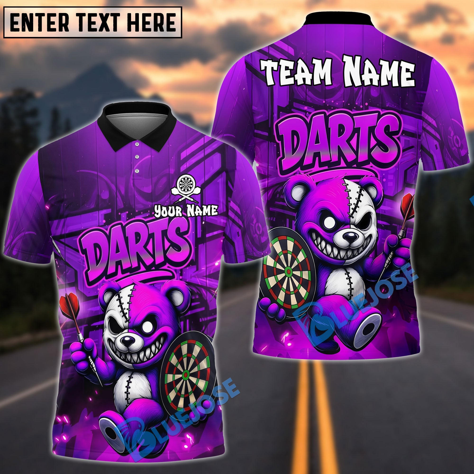 BlueJose Darts X-eye Halloween Bear With Dartboard Design Personalized Name, Team Name Unisex Shirt (4 Colors)