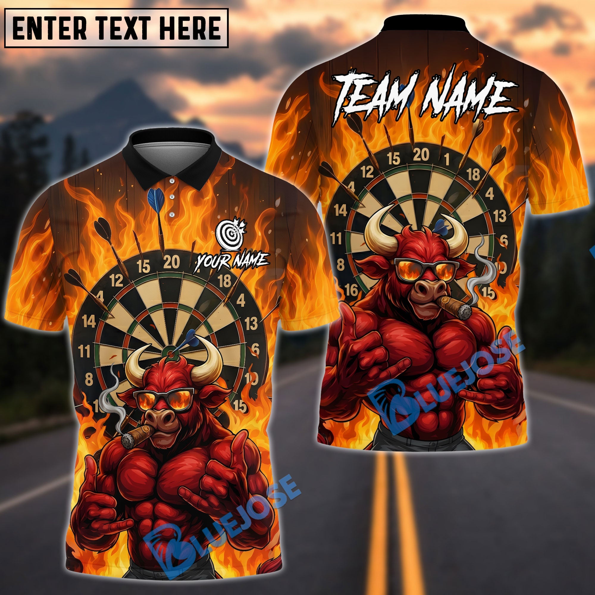 BlueJose Darts Cool Smoking Bull Flame Dartboard King Design Personalized Name, Team Name Unisex Shirt (4 Colors)