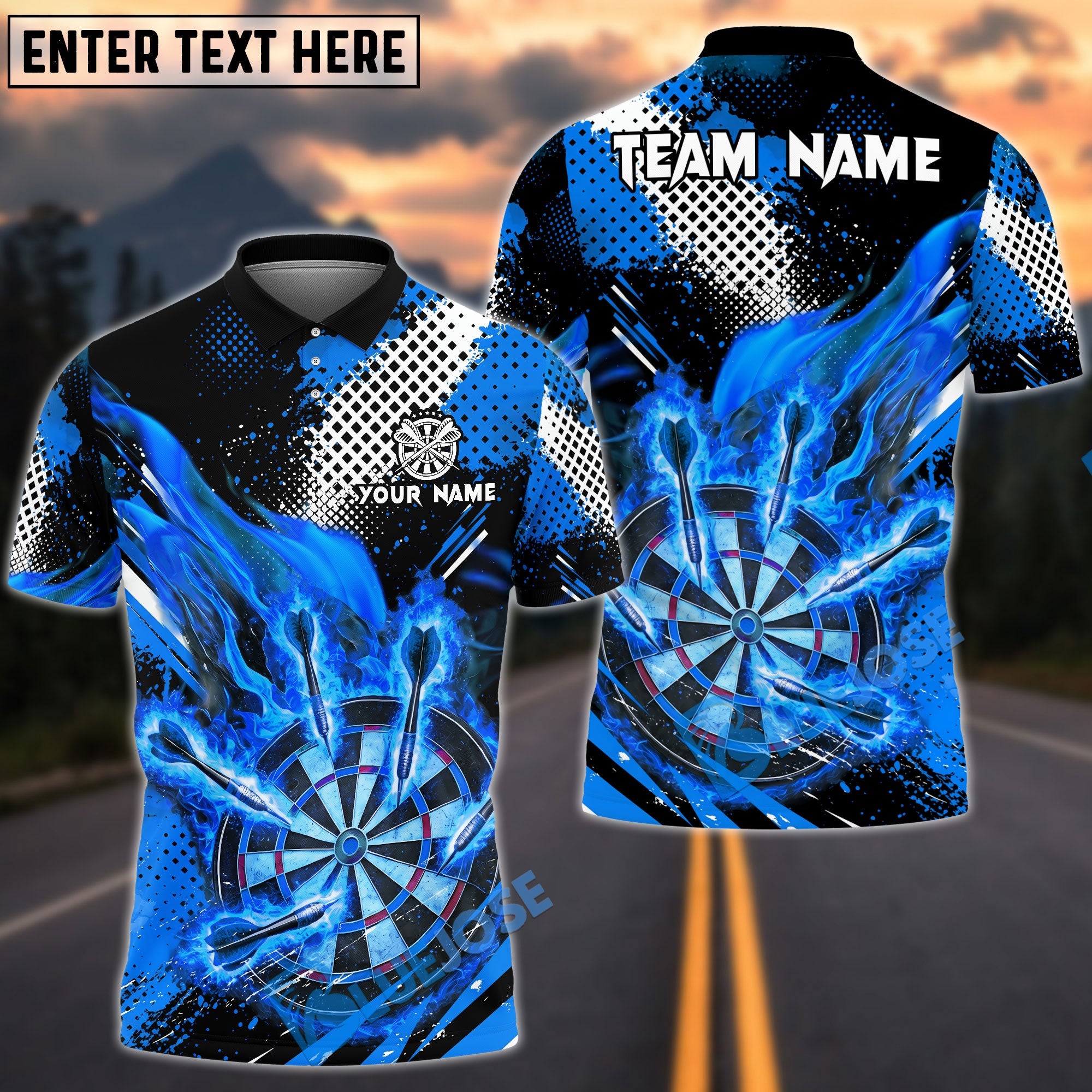 BlueJose Darts Flaming Dartboard Grunge Dot Design Personalized Name, Team Name Unisex Shirt (4 Colors)