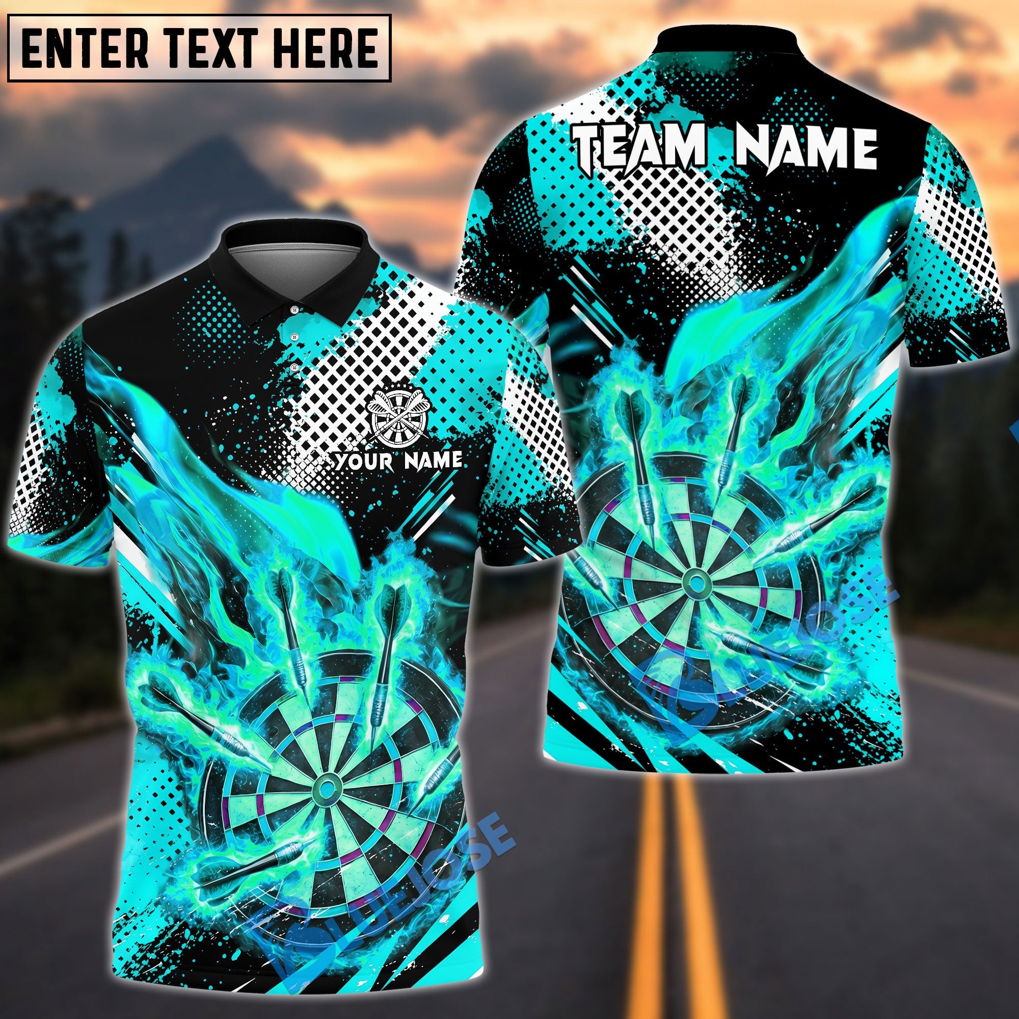 BlueJose Darts Flaming Dartboard Grunge Dot Design Personalized Name, Team Name Unisex Shirt (4 Colors)