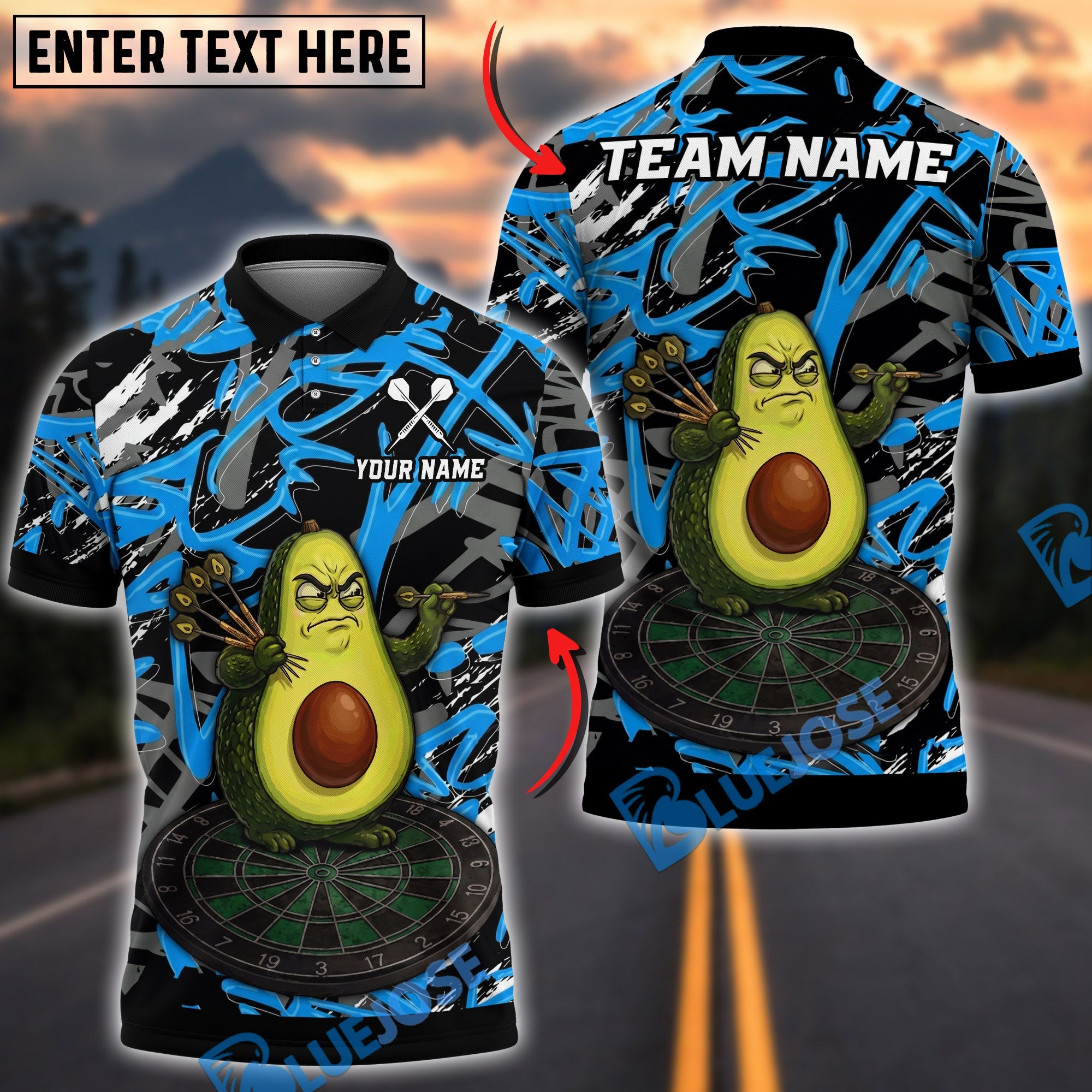 BlueJose Darts Funny Avocado Design Personalized Name, Team Name Unisex Shirt (4 Colors)