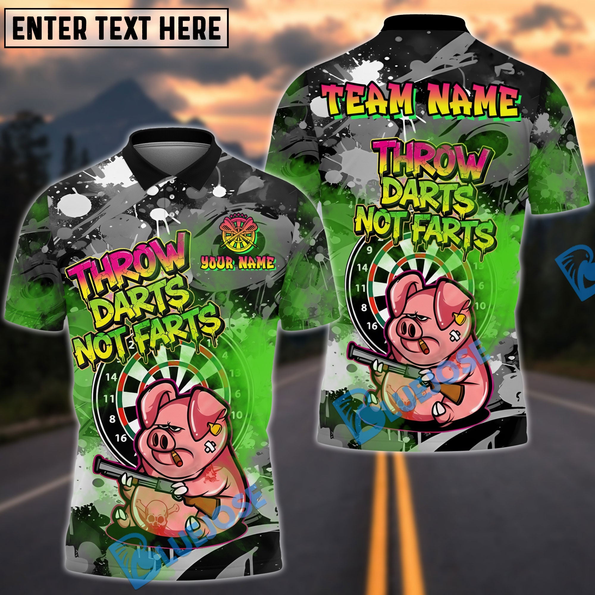 BlueJose Darts Grumpy Pig Throw Darts Not Farts Multicolor Options Personalized Name Shirt (6 Colors)