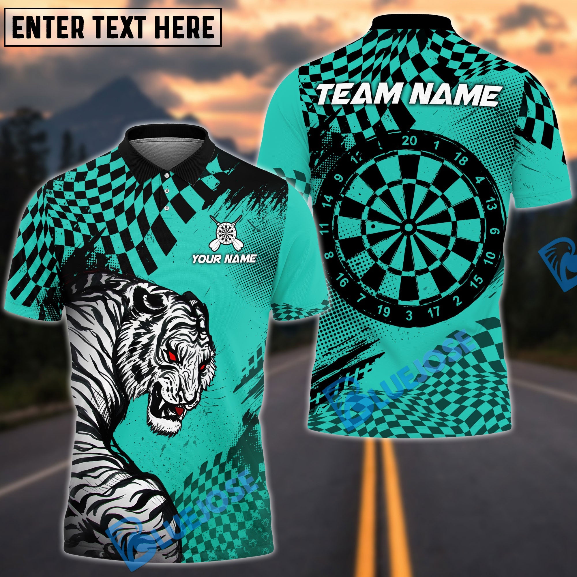 BlueJose Darts White Tiger Checkered Pattern Multicolor Options Personalized Name Shirt (4 Colors)